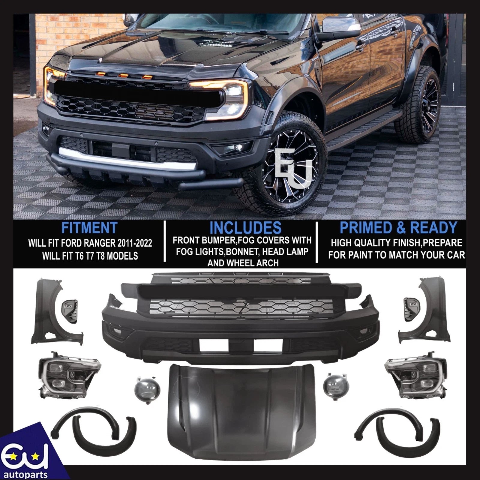 T9 2023+ RAPTOR CONVERSION FRONT BUMPER BONNET BODYKIT FOR FORD RANGER T6 T7 T8