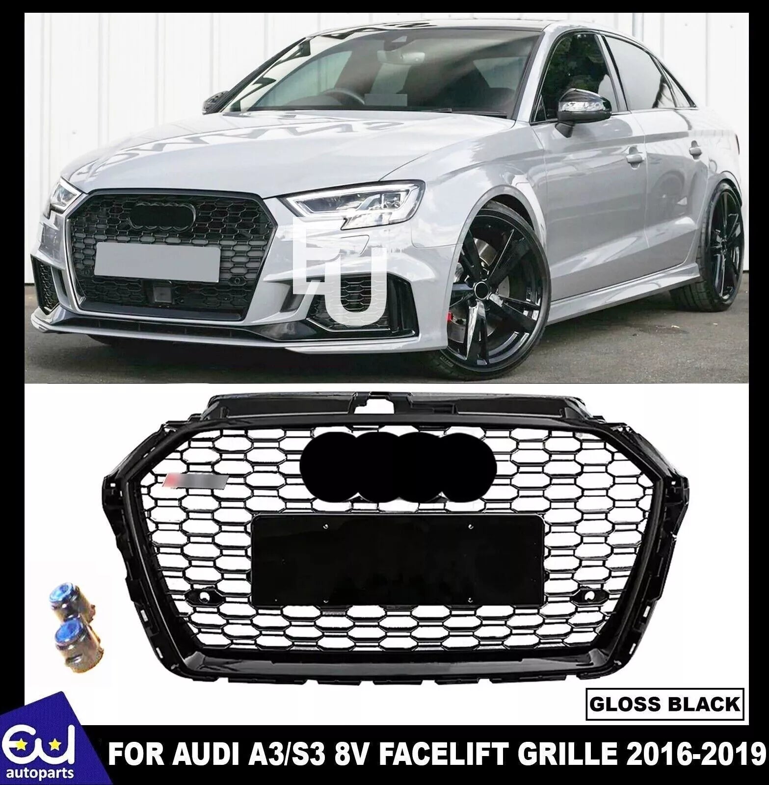 RS3 STYLE HONEYCOMB MESH FRONT GRILLE FOR AUDI A3/S3 8V FACELIFT GLOSS 2016-2019
