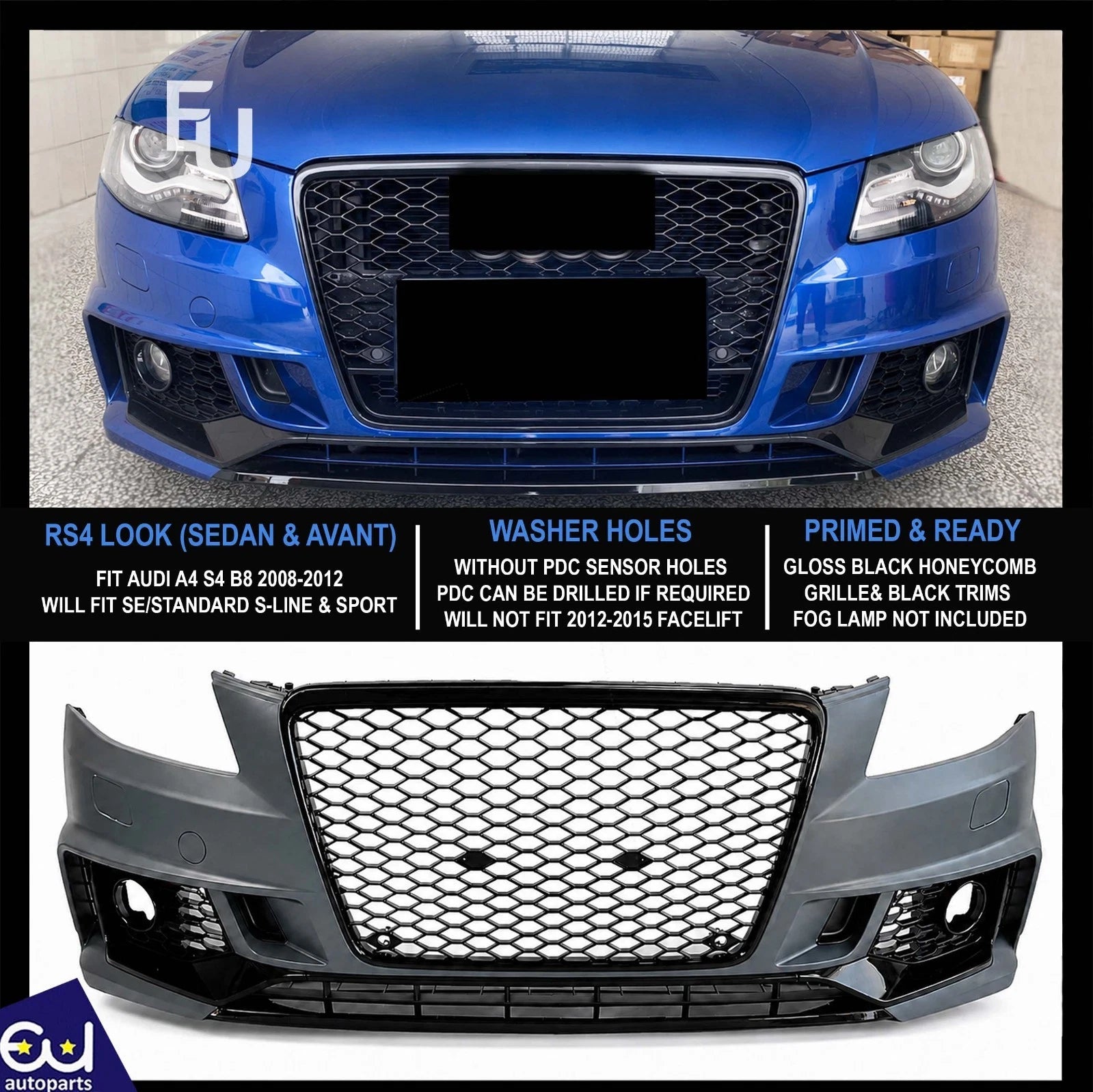 RS4 STYLE FRONT BUMPER CONVERSION KIT FOR AUDI A4 S4 B8 2008-2012 PRE FACELIFT