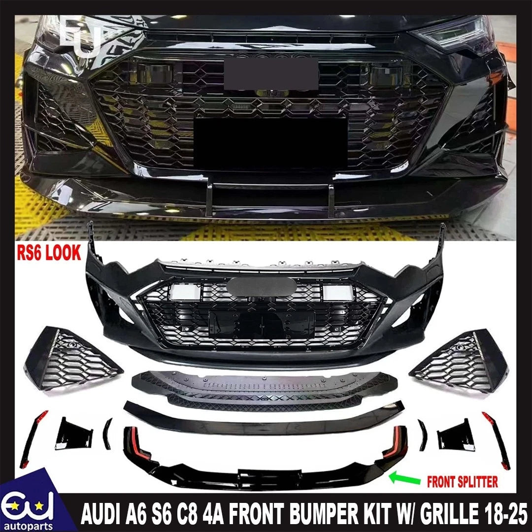 RS6 STYLE LOOK FRONT BUMPER SPLITTER LIP KIT FOR AUDI A6 S6 C8 4A 18–22 W GRILLE