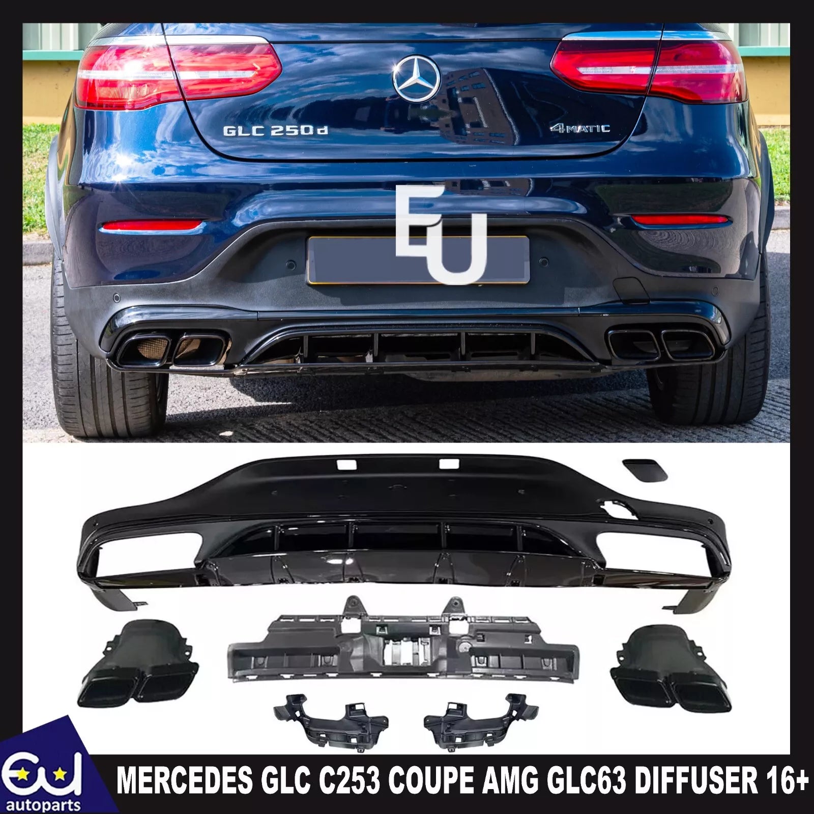 FOR MERCEDES GLC C253 COUPE AMG GLC63 STYLE REAR DIFFUSER & BLACK PIPES 2016+ UK