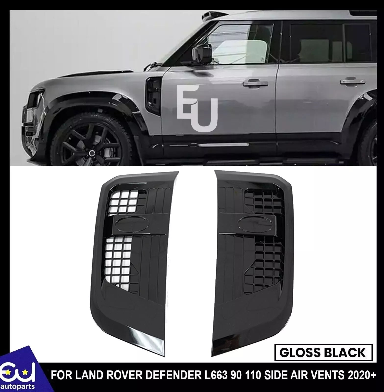 GLOSS BLACK FRONT WING SIDE AIR VENTS FOR LAND ROVER DEFENDER L663 90