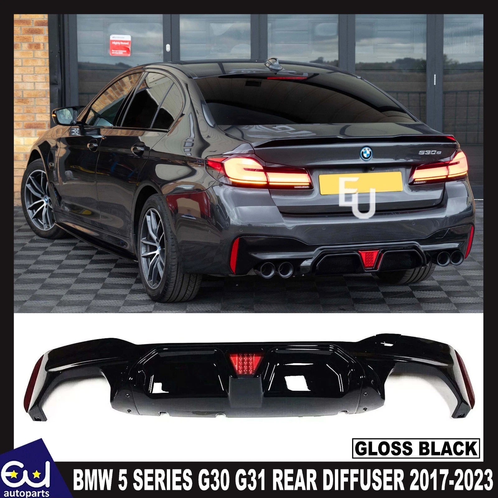 FOR BMW 5 SERIES G30 G31 M5 STYLE REAR DIFFUSER WITH LED BRAKE LIGHT GLOSS 17-23