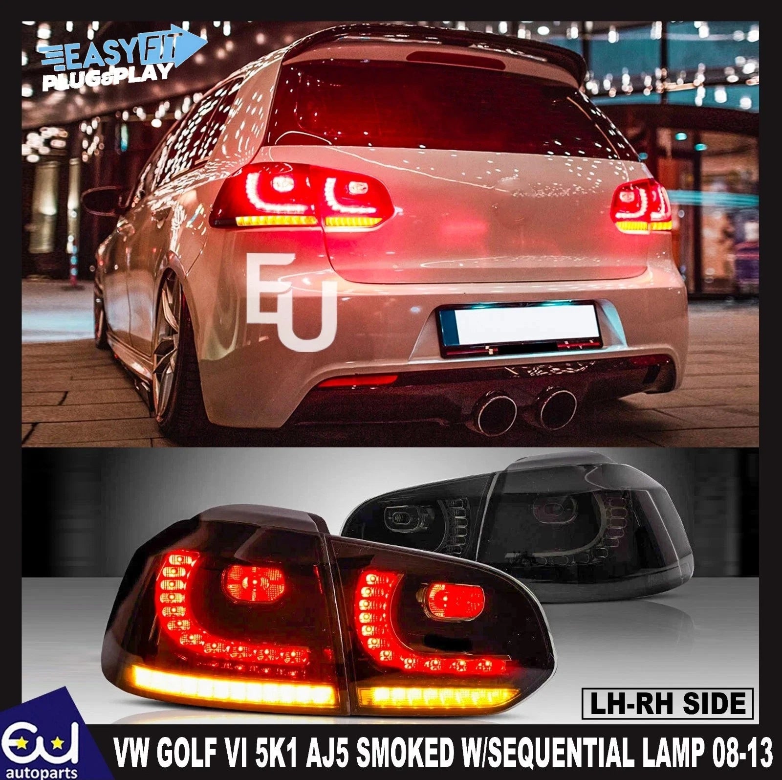 FOR VW GOLF VI 5K1 AJ5 SMOKED LED REAR LIGHTS BRAKE LAMPS W/SEQUENTIAL 2008-2013