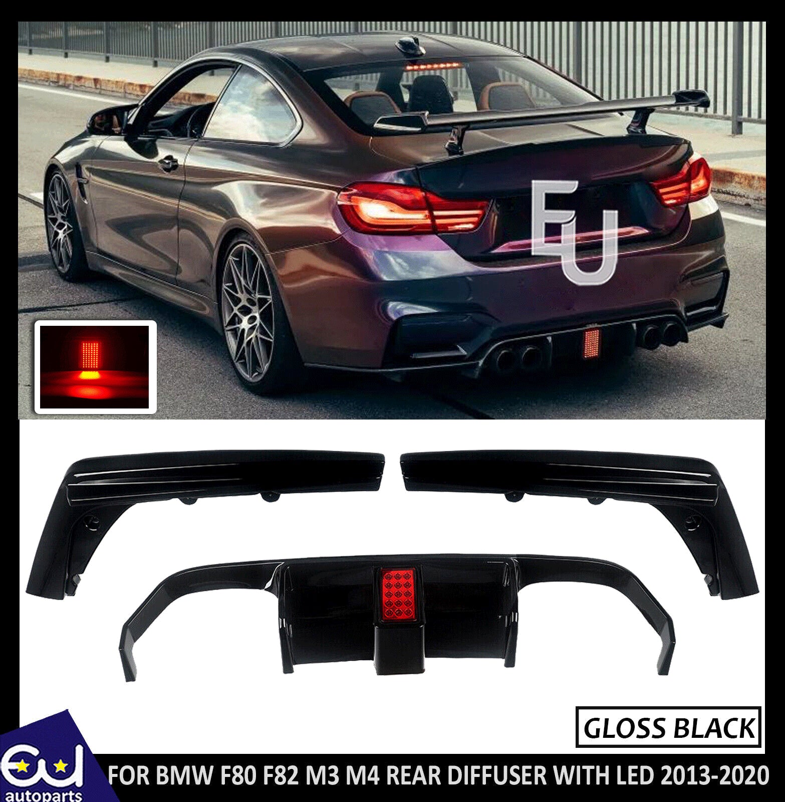 FOR BMW M3 M4 F80 F82 F83 F1 STYLE REAR DIFFUSER WITH LED GLOSS BLACK 2013-2020
