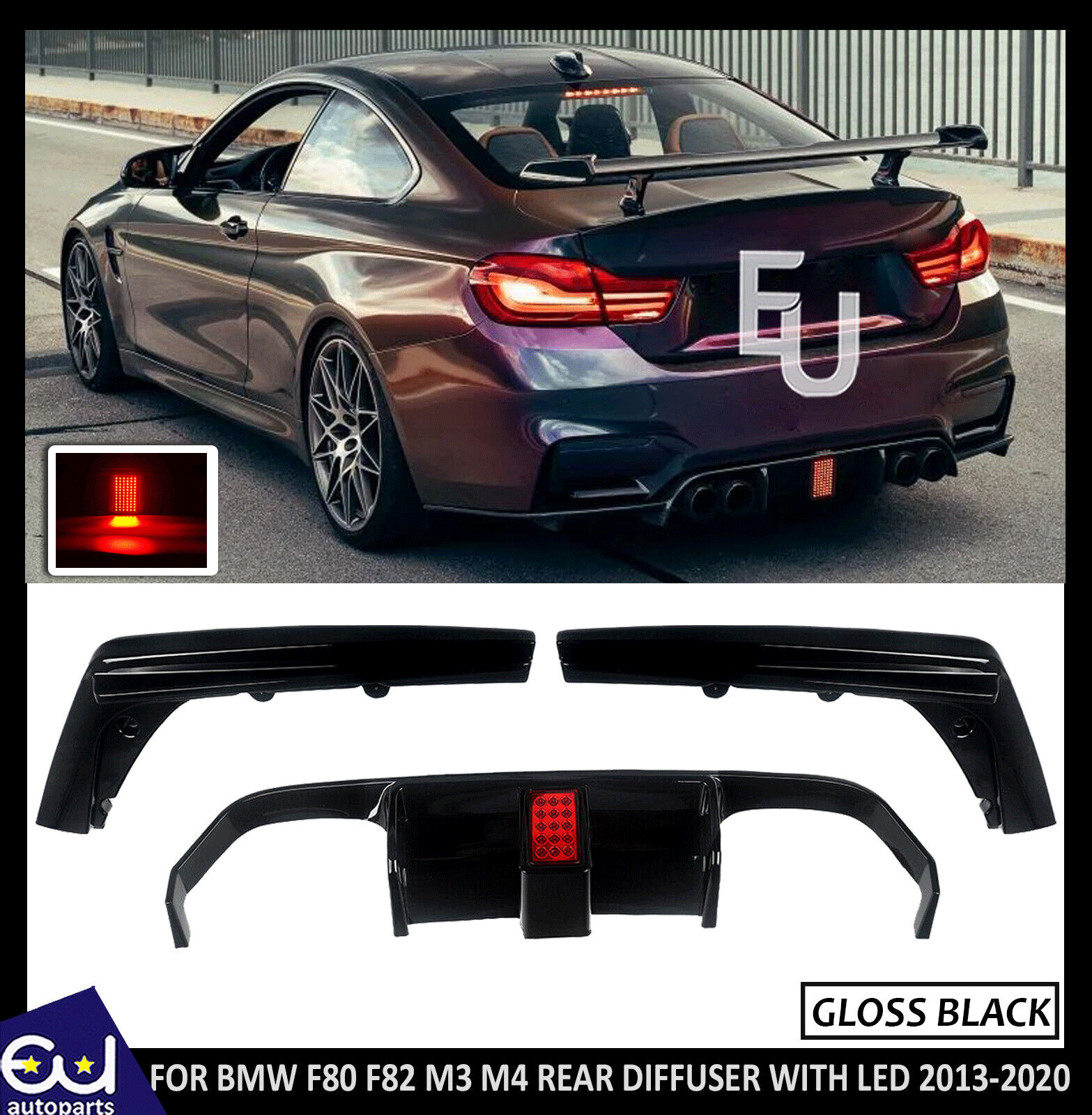 FOR BMW M3 M4 F80 F82 F83 F1 STYLE REAR DIFFUSER WITH LED GLOSS BLACK