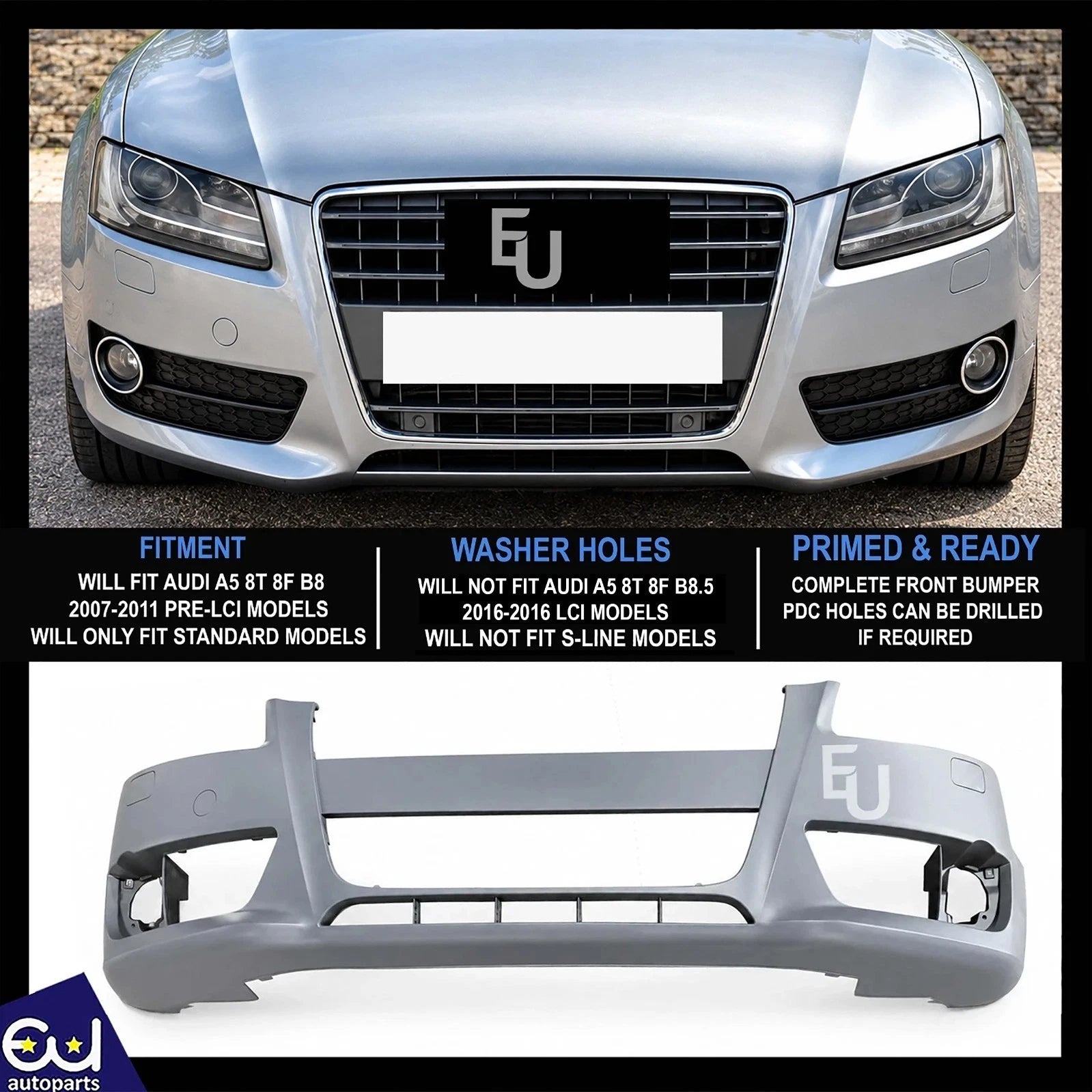 FOR AUDI A5 8T 8F B8 STANDARD 2007-11 FRONT BUMPER PRIMED W/WASHER 8T0807105AGRU
