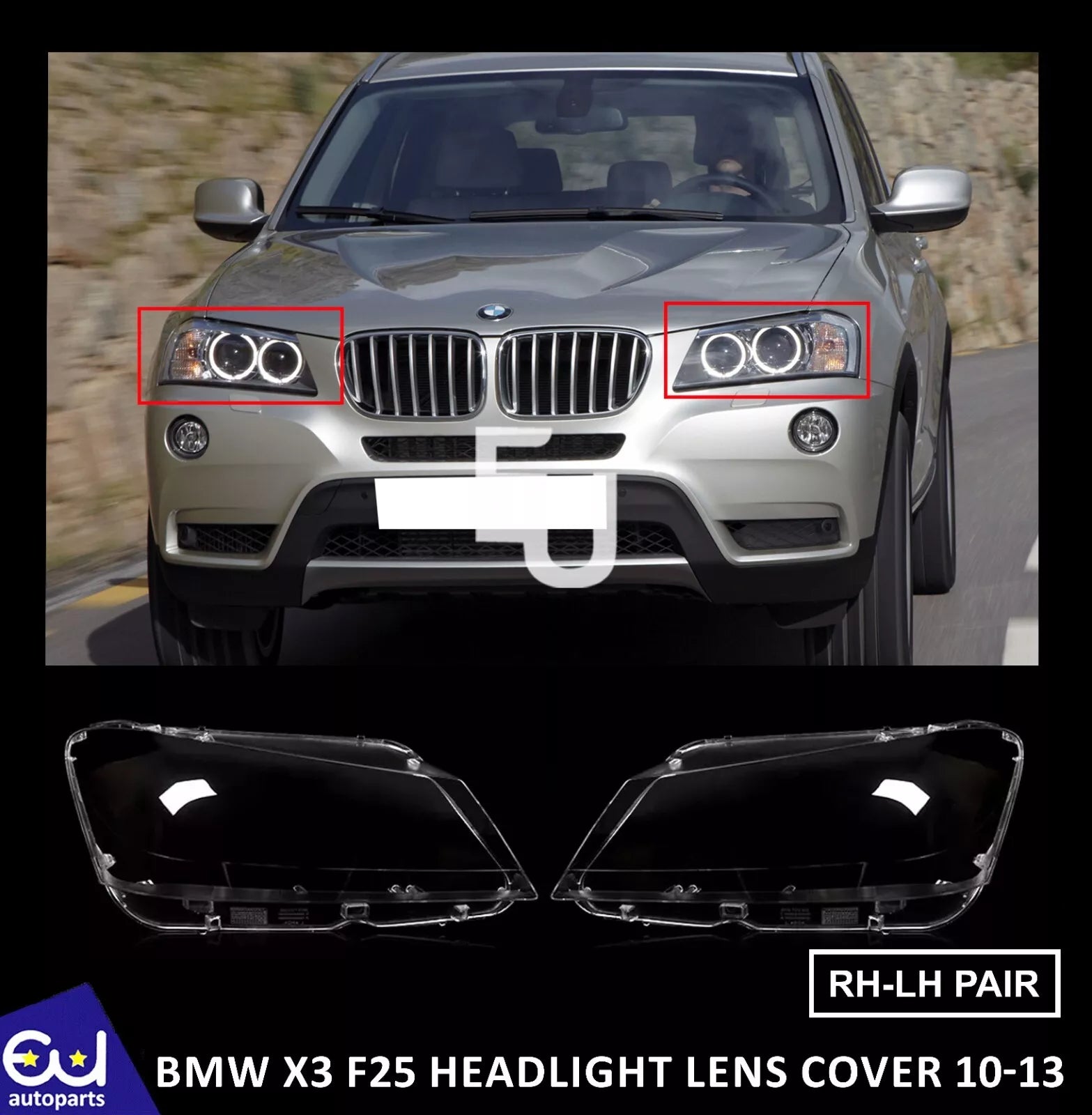 PAIR LEFT RIGHT L+R HEADLIGHT HEADLAMP LENS SHELL COVER FOR BMW X3 F25 2010-2013