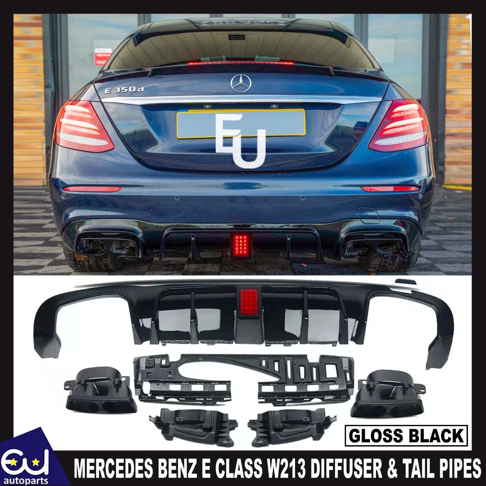 FOR MERCEDES BENZ E CLASS W213 REAR DIFFUSER AND TAIL PIPE F1 LOOK GLOSS BLACK
