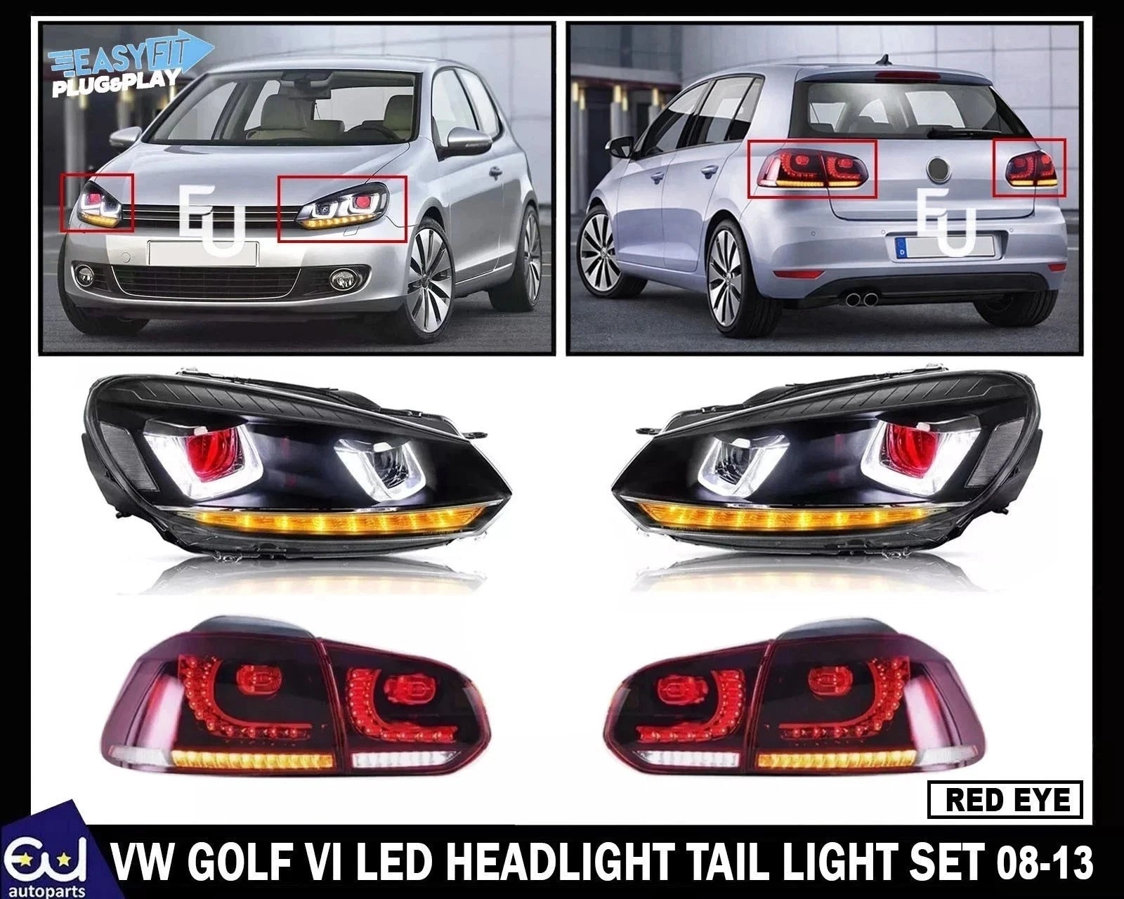 LED HEADLIGHT RED EYE REAR TAIL LIGHTS LAMP SET FOR VW GOLF MK6 08-13 SEQUENTIAL