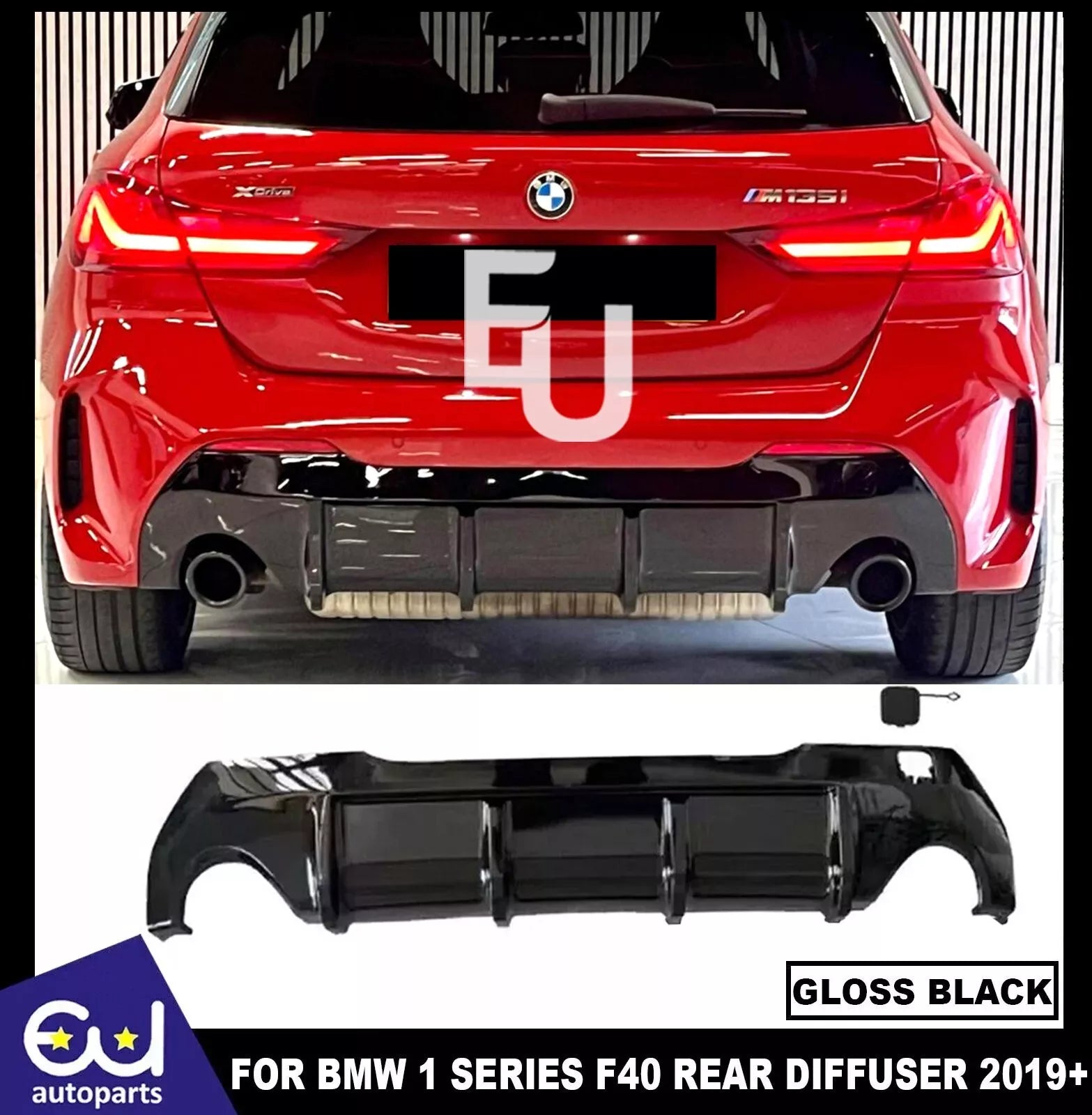 REAR DIFFUSER FOR BMW 1 SERIES F40 M SPORT DAUL EXHAUST 135I GLOSS BLACK 2019+