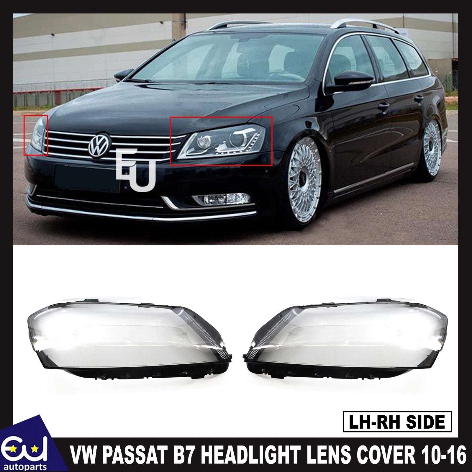L+R PAIR FRONT CLEAR HEADLIGHT COVER LENS SHELL LAMPSHADE FOR VW PASSAT B7 10-16