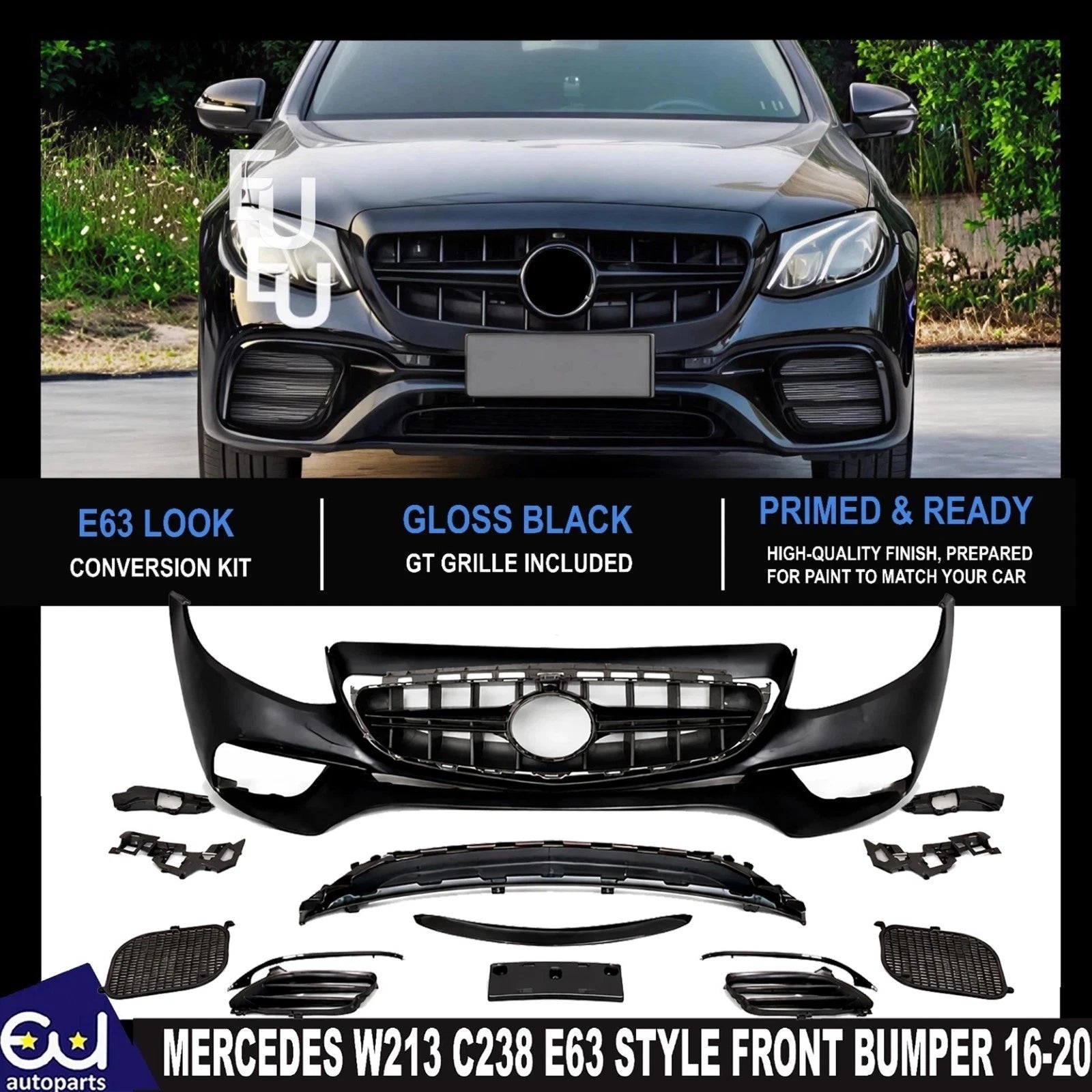 FOR MERCEDES W213 C238 E63 STYLE FULL FRONT BUMPER GRILLE BODYKIT PRIMED 2016-20