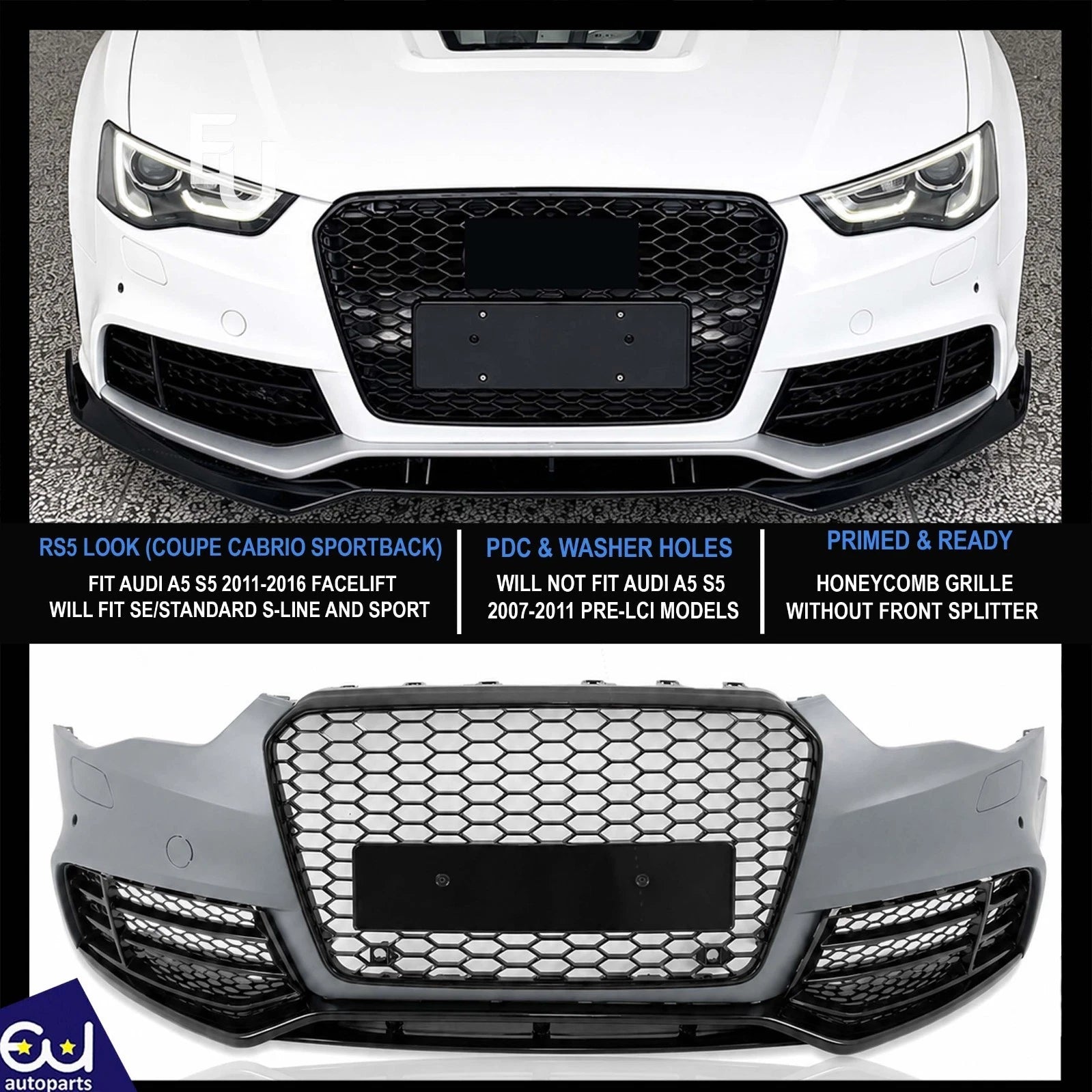 RS5 CONVERSION FRONT BUMPER BODYKIT W/GRILLES FOR AUDI A5 S5 B8.5 LCI 2011–2016
