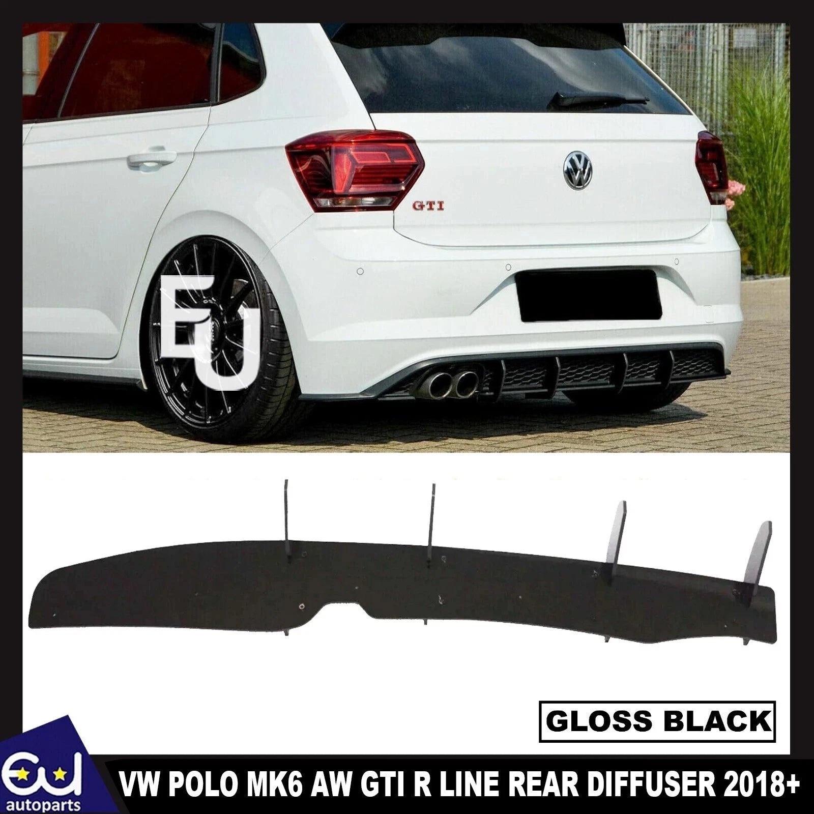FOR VW POLO MK6 AW GTI R LINE REAR BLADE FIN DIFFUSER SPOILER GLOSS BLACK 2018+