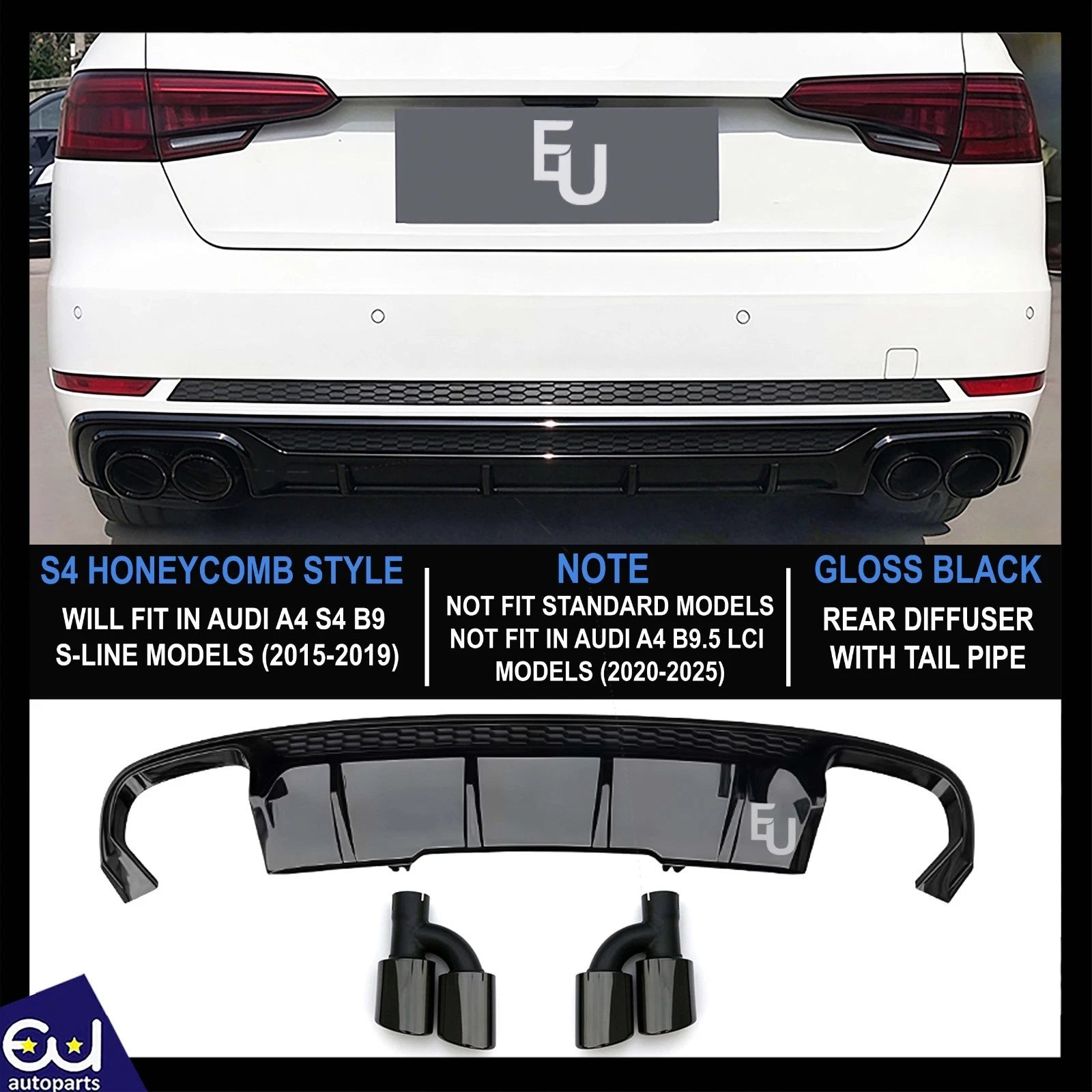 FOR AUDI A4 S4 B9 S LINE PRE-LCI REAR DIFFUSER TAILPIPES GLOSS BLACK 2015-2019