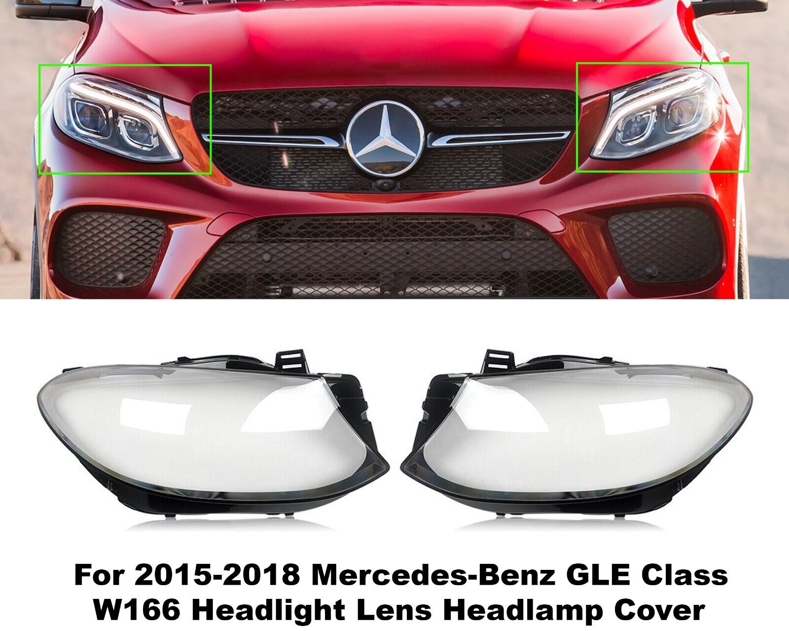 PAIR HEADLIGHT LENS HEADLAMP COVER FOR MERCEDES-BENZ GLE CLASS W166 2015-2019