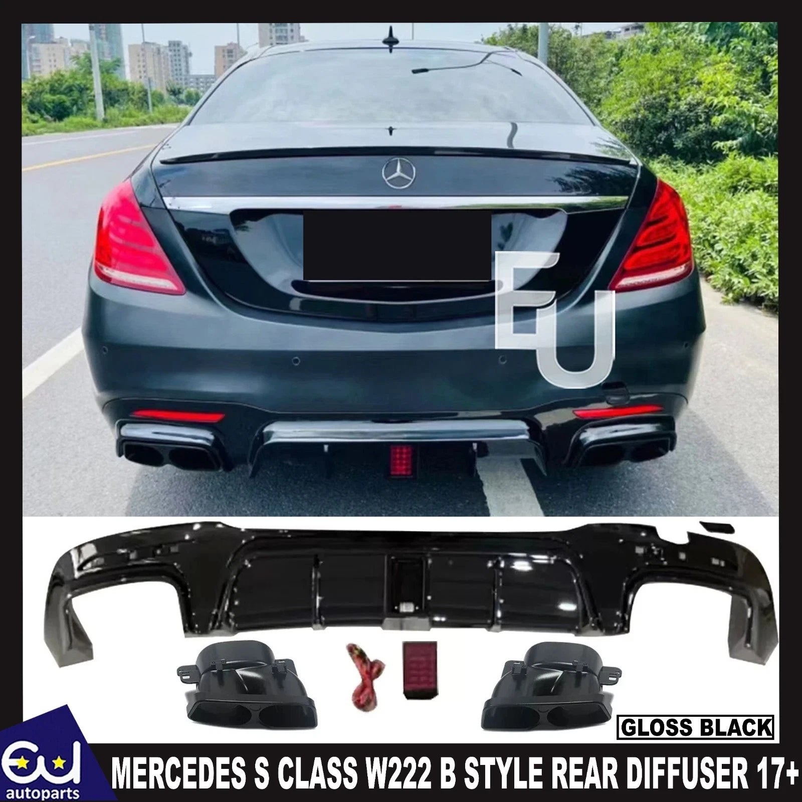 FOR MERCEDES S CLASS W222 S63 B STYLE AMG REAR DIFFUSER TAILPIPE 2017+ FACELIFT