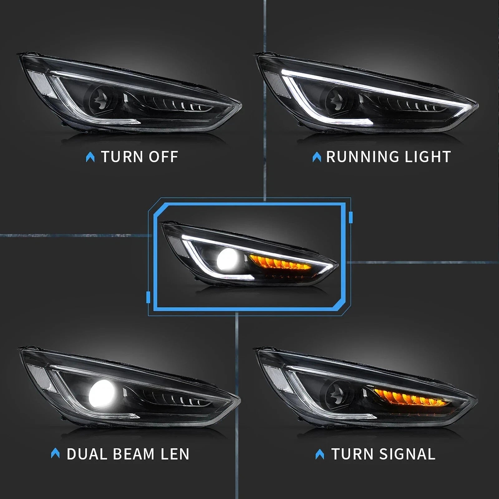 LED HEAD LIGHTS LAMPS SET FOR FORD FOCUS 2015-2018 WITH SEQUENTIAL INDICATORS