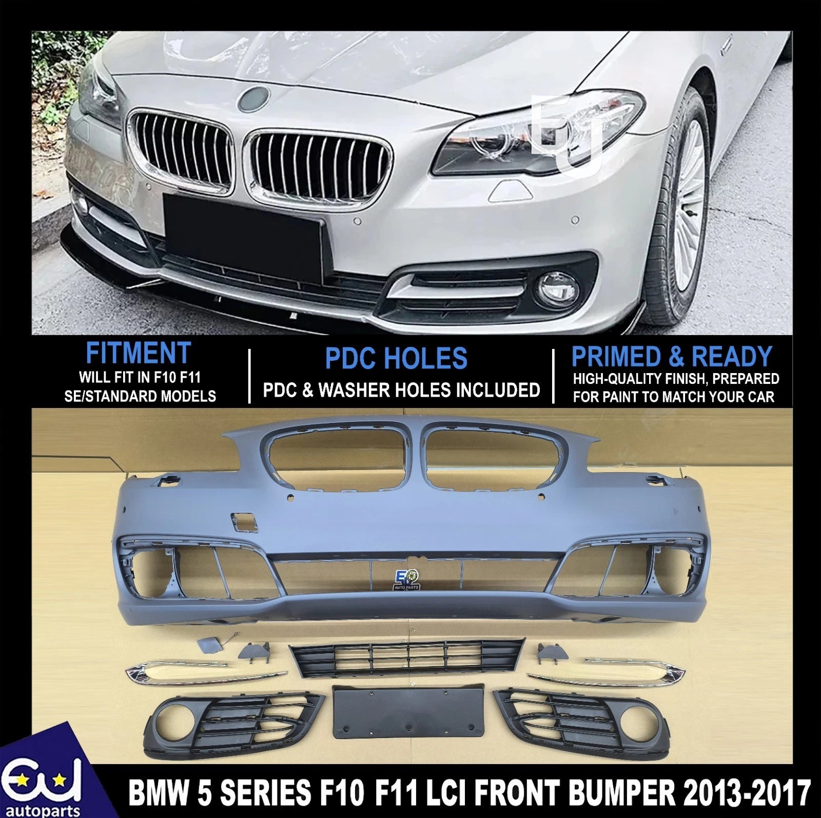 PRIMED FRONT BUMPER WITH PDC & WASHERS FOR BMW 5 SERIES F10 F11 LCI SE 2013-2017