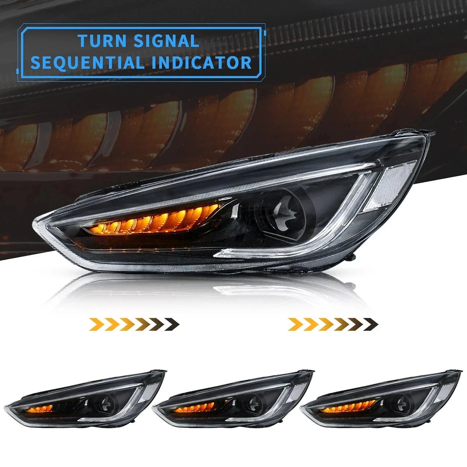 LED HEAD LIGHTS LAMPS SET FOR FORD FOCUS 2015-2018 WITH SEQUENTIAL INDICATORS