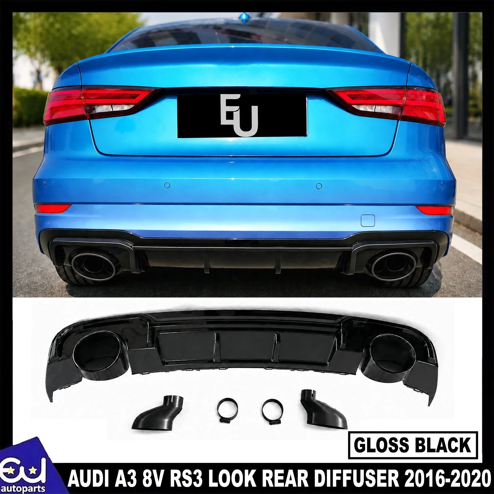 FOR AUDI A3 8V SEDAN STANDARD RS3 LOOK REAR DIFFUSER WITH TAILPIPE BLACK 16-20