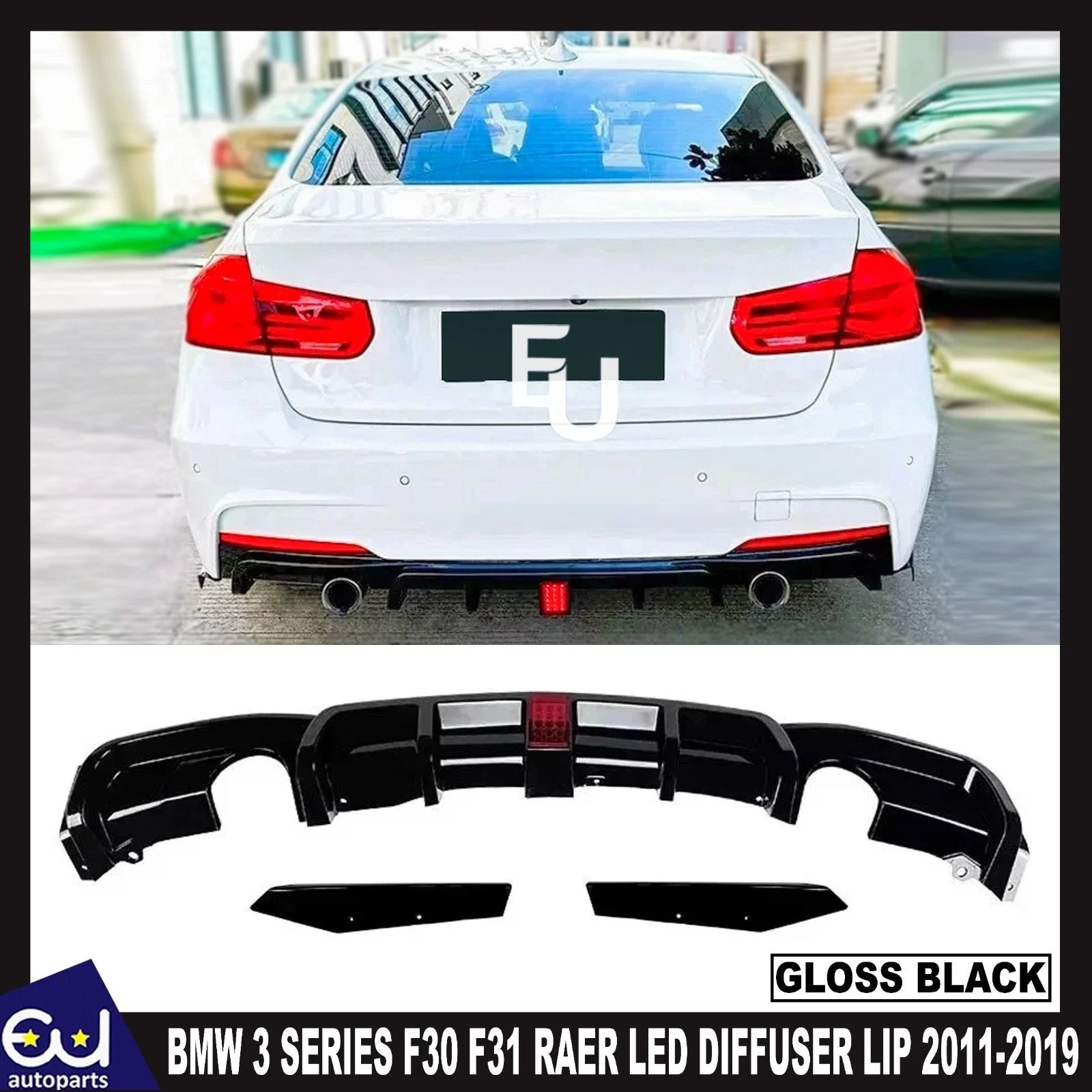 FOR BMW 3 SERIES F30 F31 RAER VALANCE DIFFUSER LIP DAUAL W/LED GLOSS BLACK 11-19