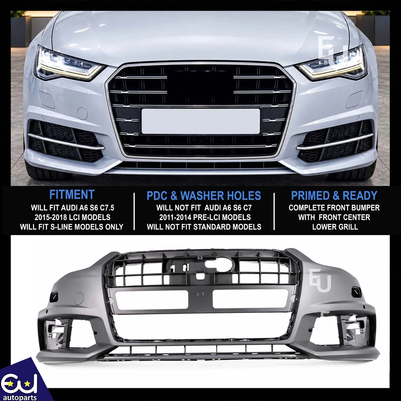 FOR AUDI A6 S6 C7.5 S-LINE 2015-2018 OEM FRONT BUMPER W/ WASHER PDC LOWER GRILLE