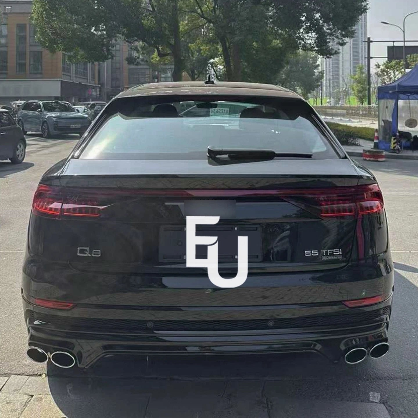 SQ8 LOOK REAR BUMPER DIFFUSER FOR AUDI Q8 2018+ WITH GLOSS BLACK EXHAUST TIPS