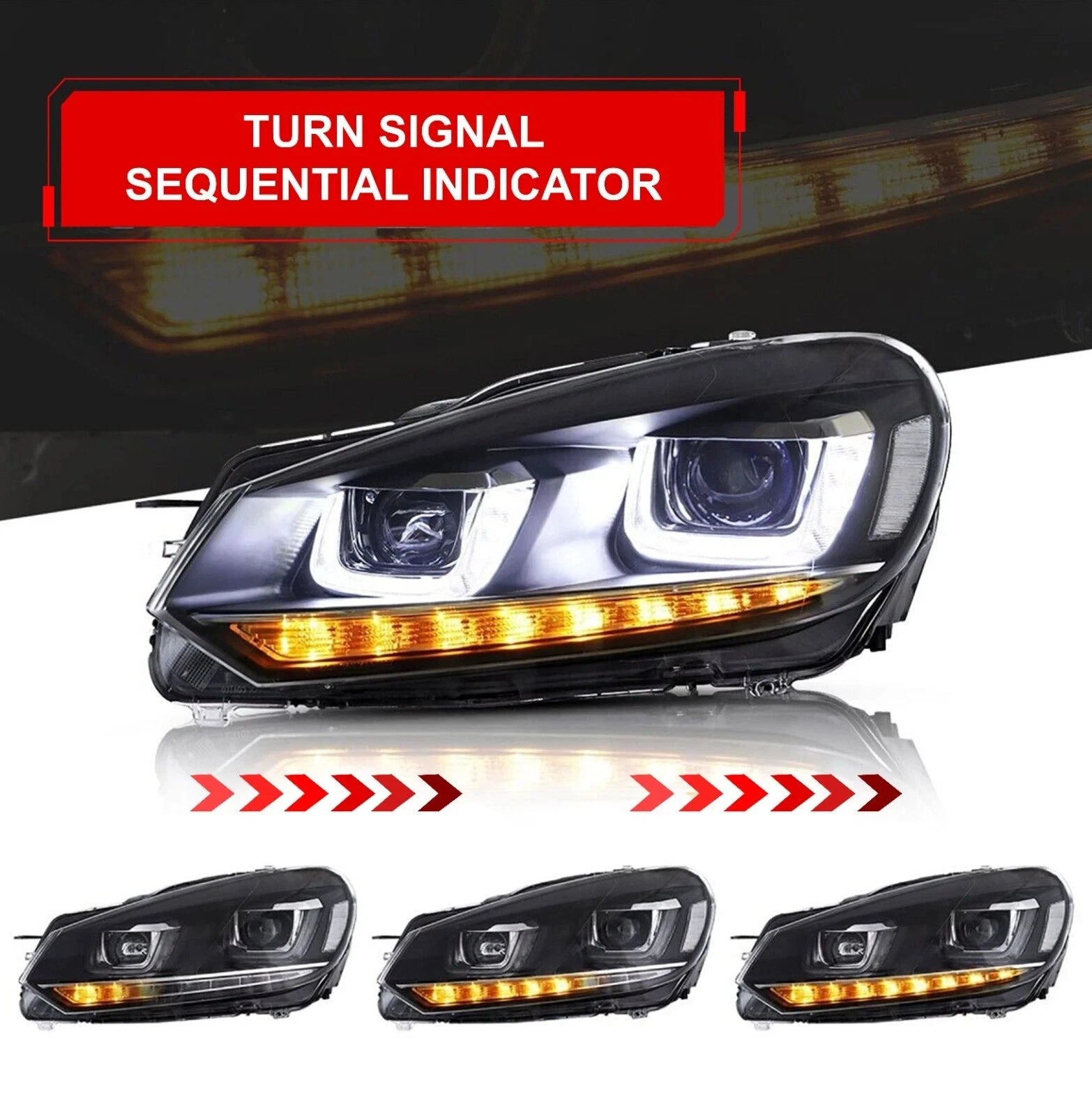 FOR VW GOLF MK6 LED HEADLIGHT SMOKED REAR TAIL LIGHTS LAMP SET 08-13 SEQUENTIAL
