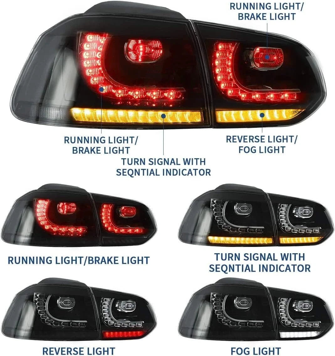FOR VW GOLF VI 5K1 AJ5 SMOKED LED REAR LIGHTS BRAKE LAMPS W/SEQUENTIAL 2008-2013