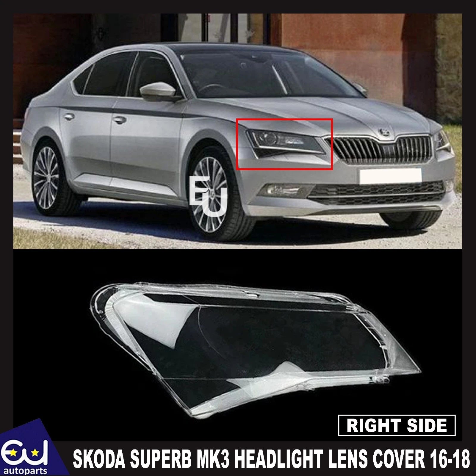 FOR SKODA SUPERB MK3 RIGHT DRIVER CLEAR HEADLIGHT LENS SHELL LAMPSHADE 16-2018