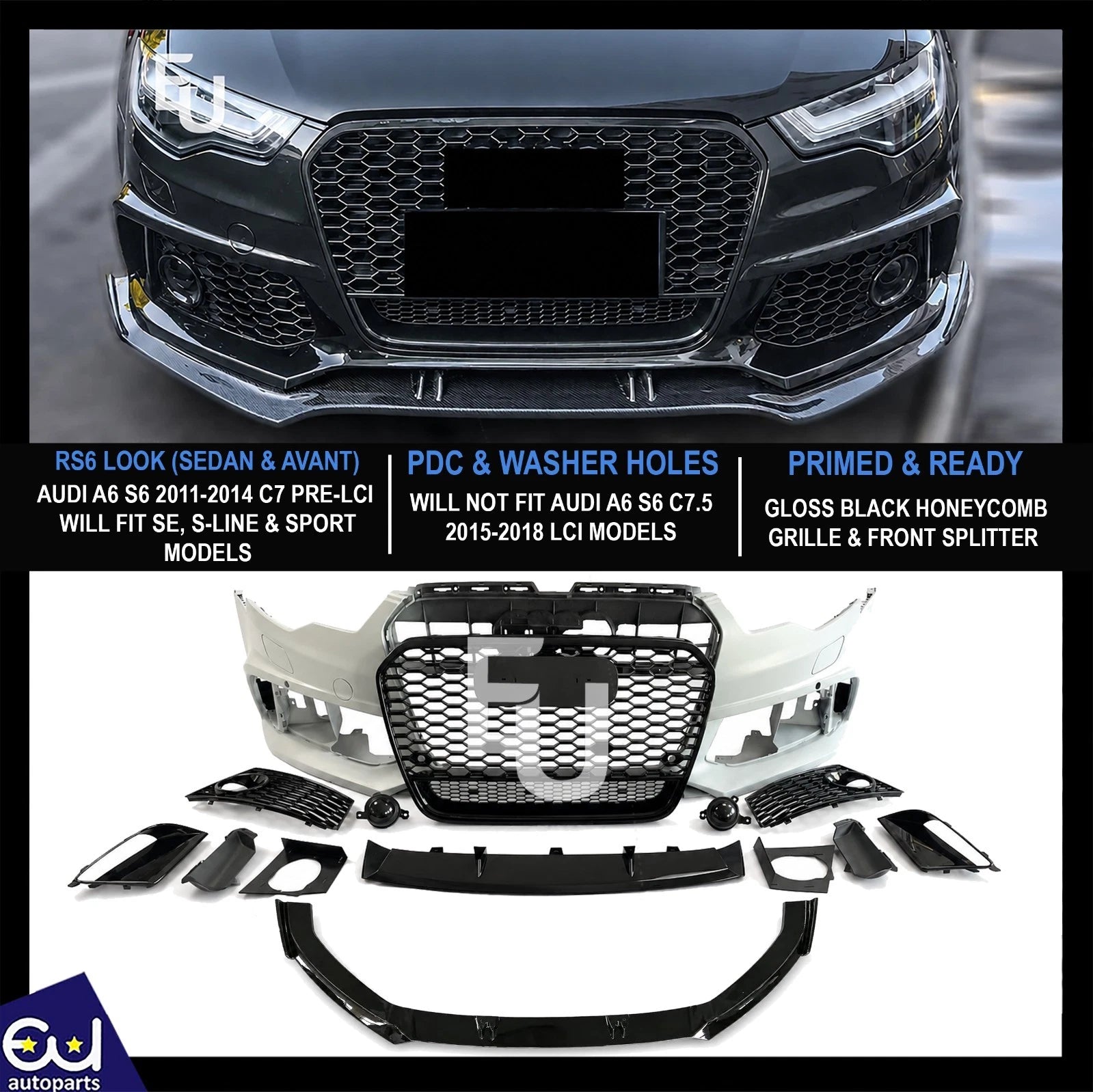 RS6 LOOK FRONT BUMPER CONVERSION BODYKIT W/SPLITTER FOR AUDI A6 S6 C7 2011-2014
