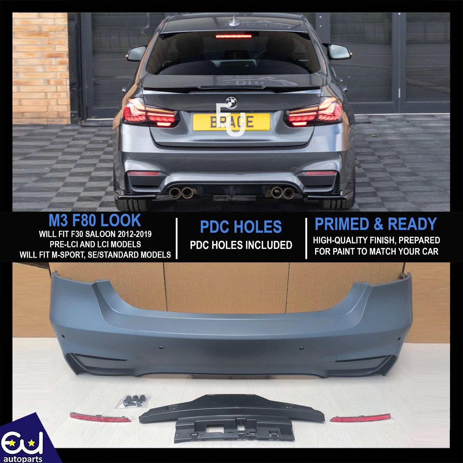 REAR BUMPER BODYKIT CONVERSION PRIMED F80 M3 STYLE FOR BMW F30 2012-2018