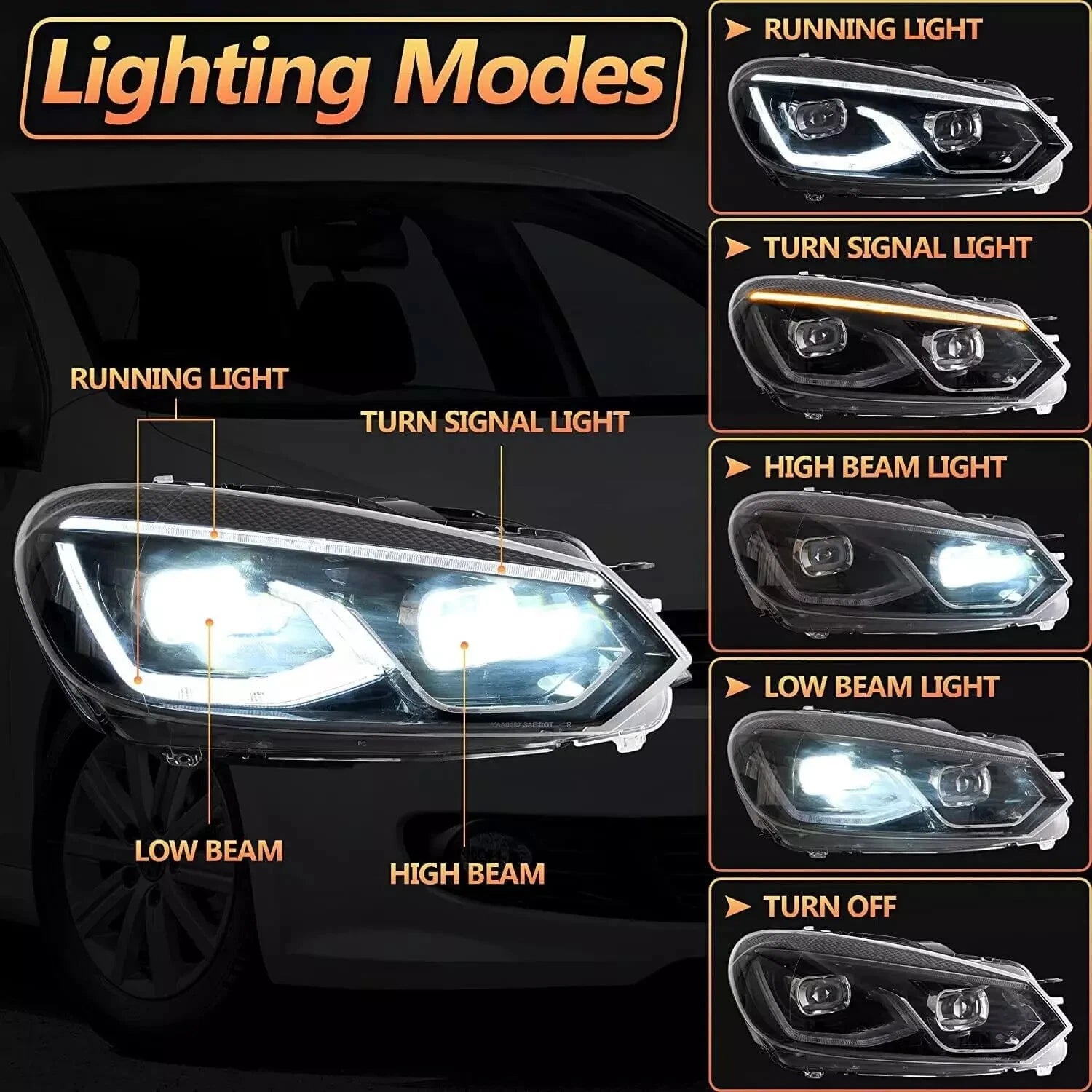 DYNAMIC SEQUENTIAL LED PROJECTOR HEAD LIGHT LIGHTS LAMP FOR VW GOLF 6 MK6 2008+