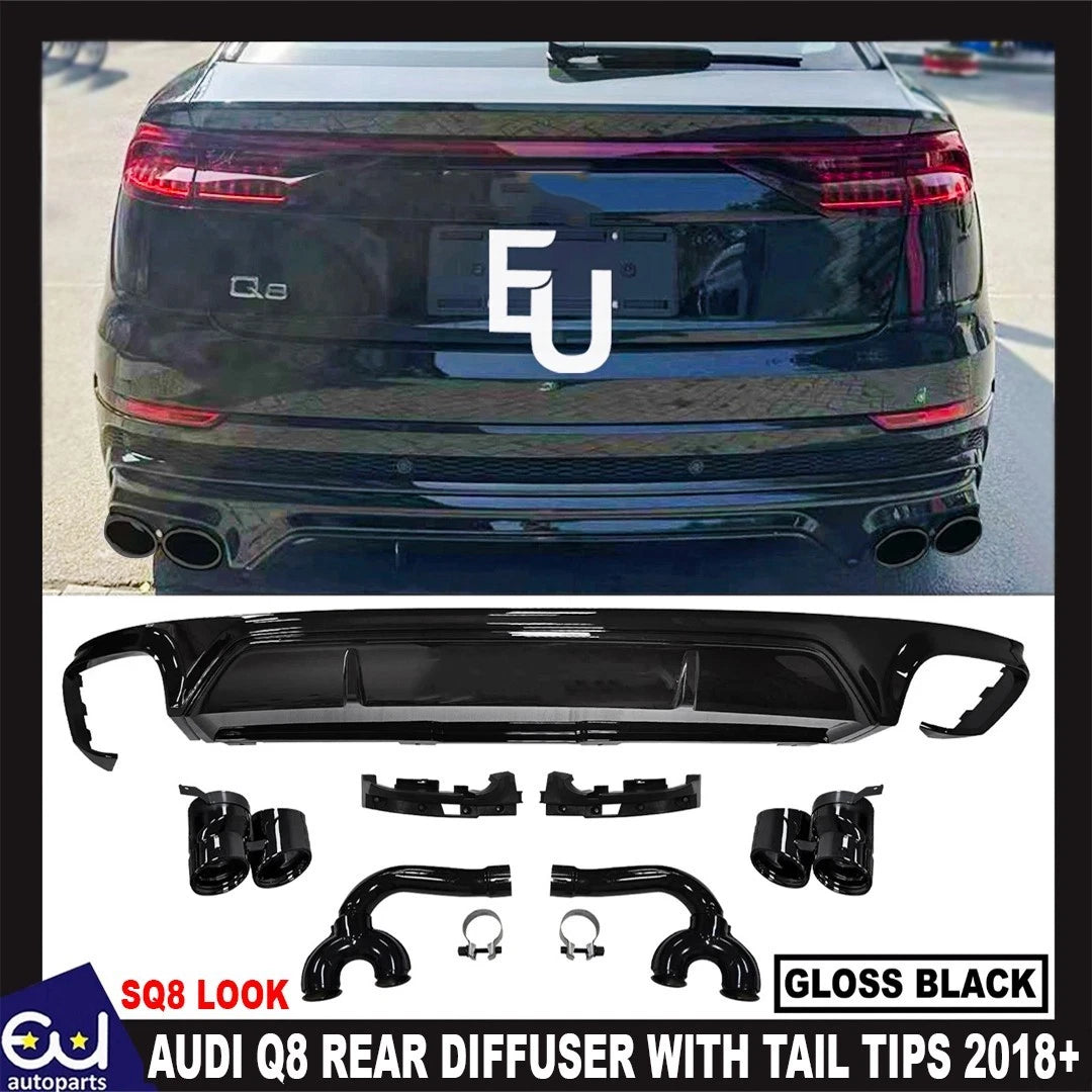 SQ8 LOOK REAR BUMPER DIFFUSER FOR AUDI Q8 2018+ WITH GLOSS BLACK EXHAUST TIPS
