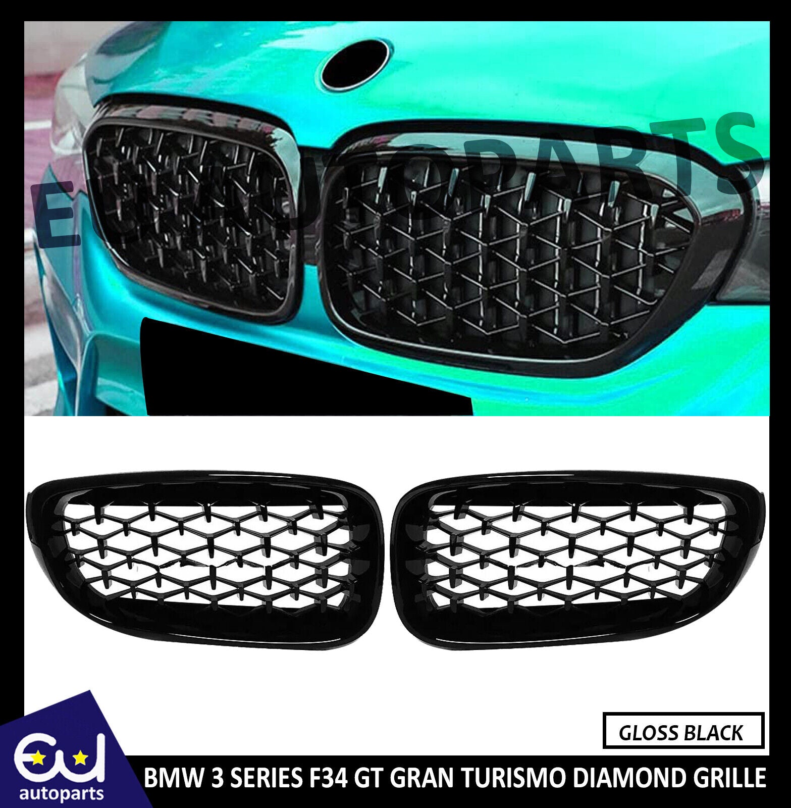 FOR BMW F34 3-SERIES GT GRAN TURISMO KIDNEY DIAMOND GRILL GRILLE GLOSS BLACK