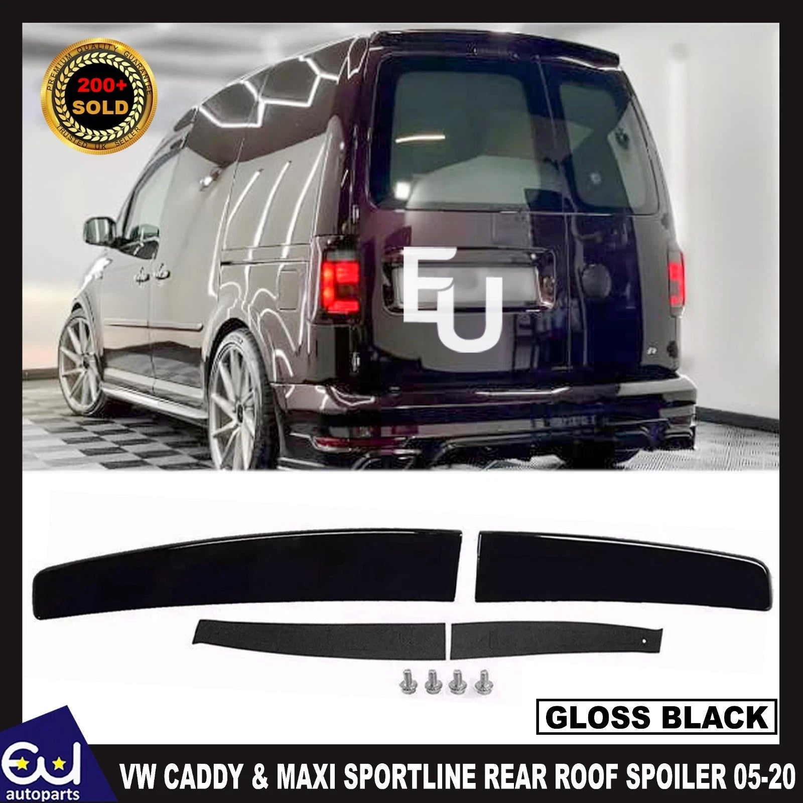 REAR TWIN BARN DOOR ROOF SPOILER FOR VW CADDY & MAXI SPORTLINE 05-20 GLOSS BLACK