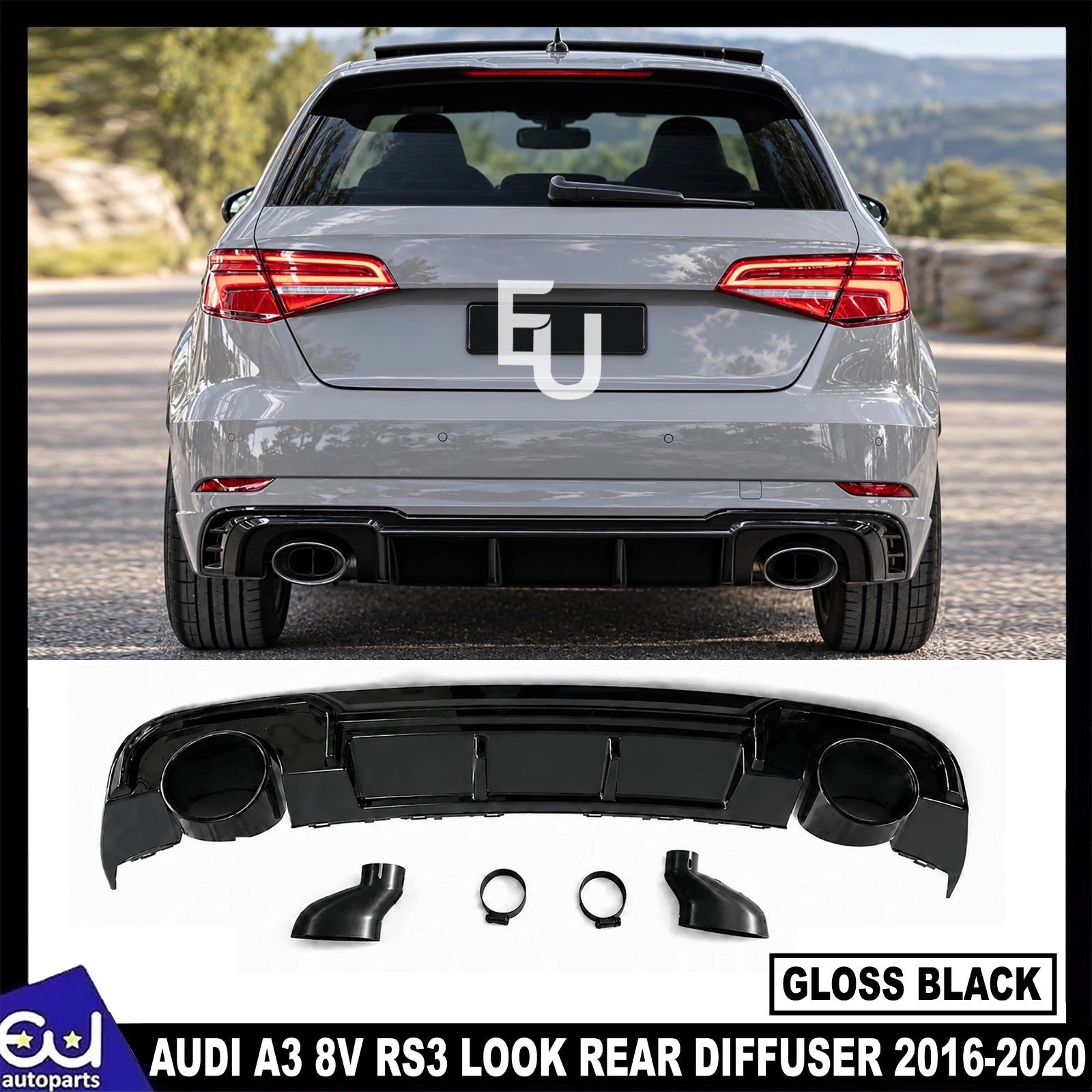 FOR AUDI A3 8V HATCHBACK STANDARD RS3 LOOK REAR DIFFUSER W/TAILPIPE BLACK 16-20