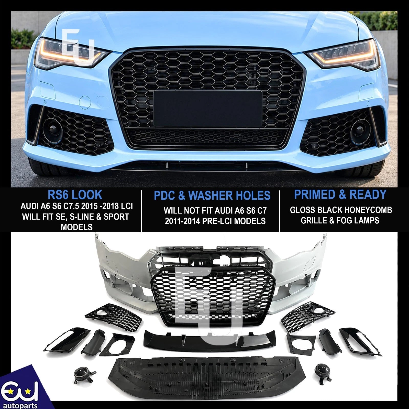 RS6 LOOK FRONT BUMPER CONVERSION BODYKIT FOR AUDI A6 S6 C7.5 LCI 15-18 W/GRILL