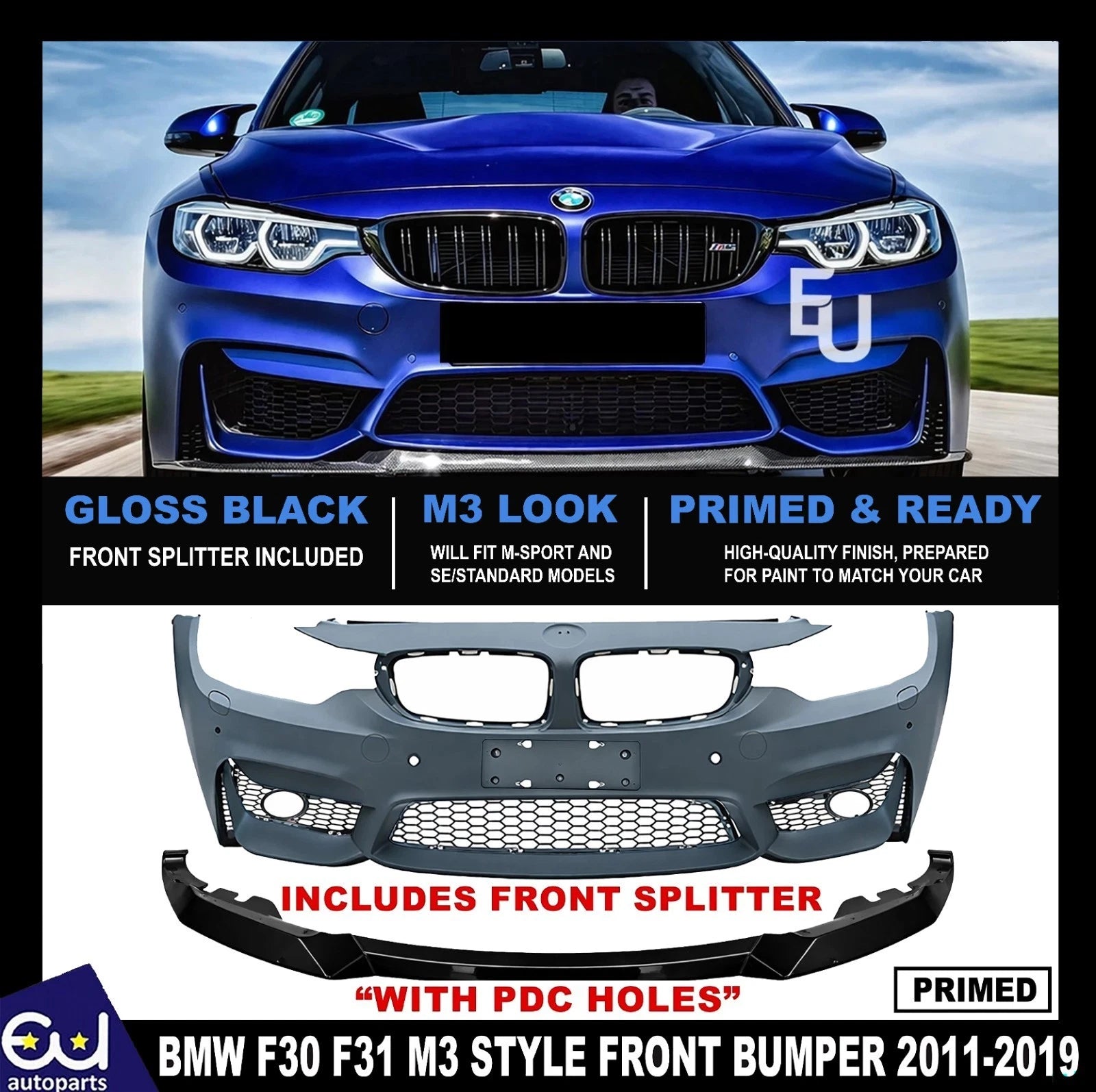 FOR BMW F30 F31 M3 CONVERSION FRONT BUMPER SPLITTER BODYKIT PRIMED PDC 2011-19