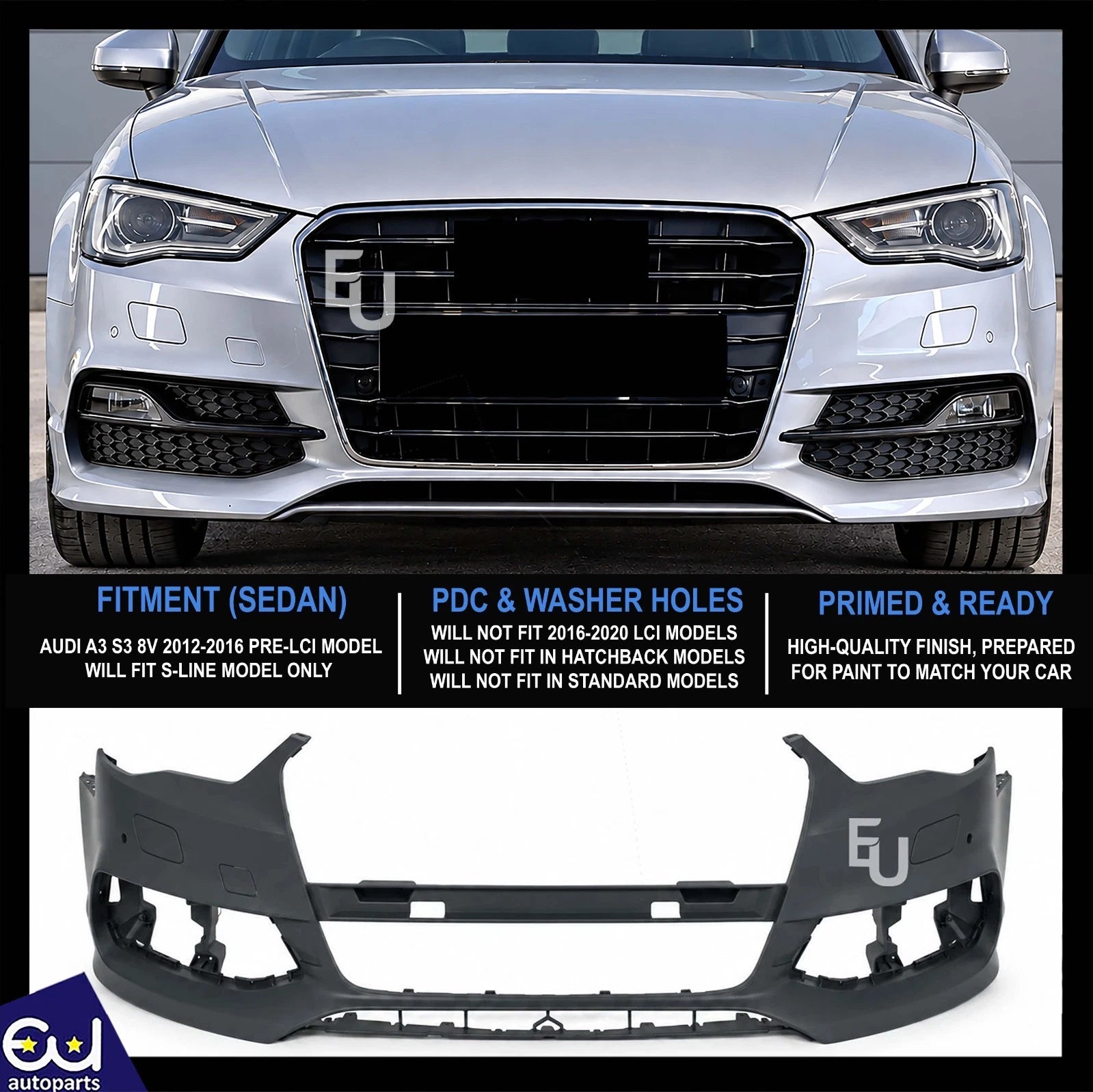 FOR AUDI A3 S3 8V 2012-2016 S LINE SEDAN FRONT BUMPER W/WASHER PDC 8V5807065JGRU