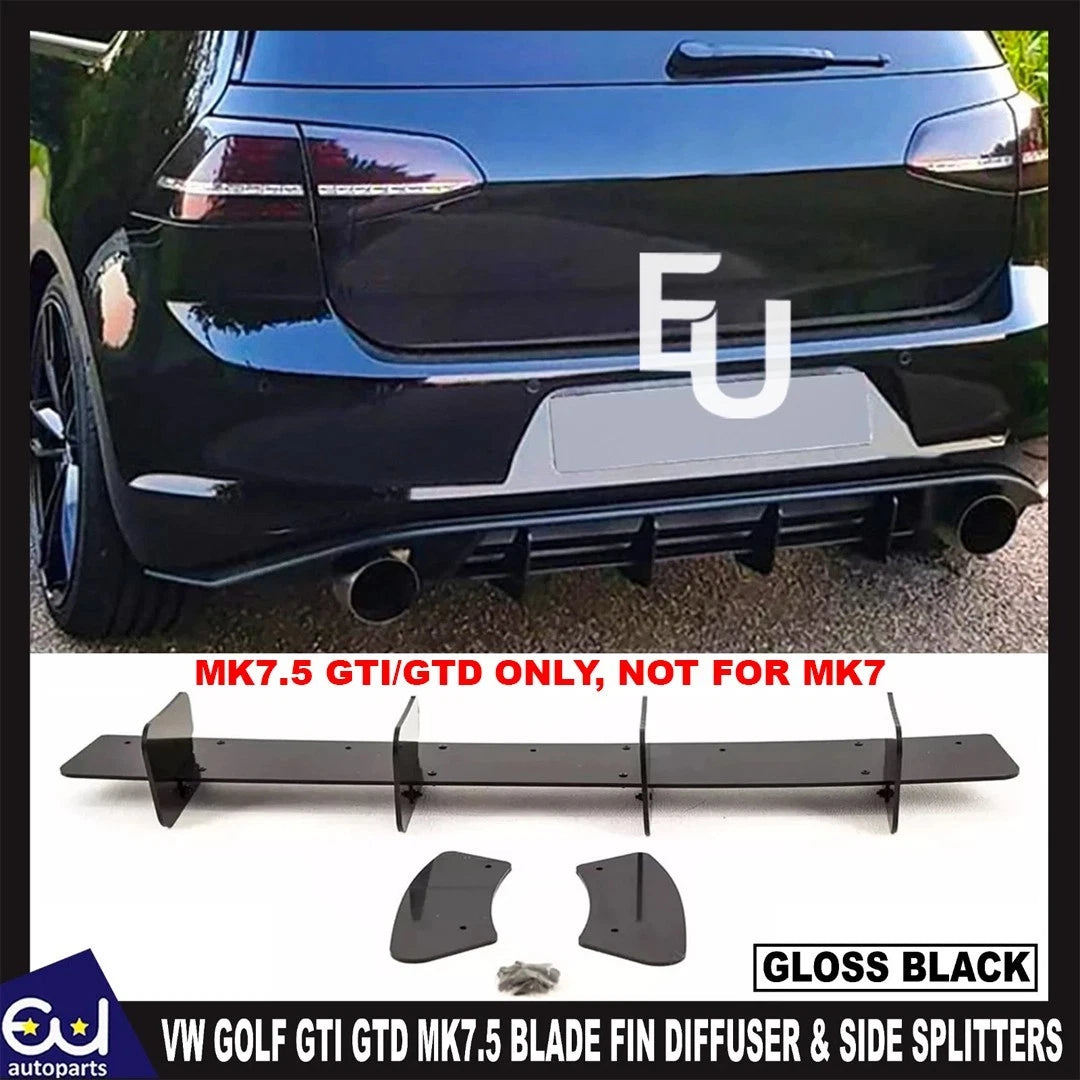FOR VW GOLF R MK7.5 REAR BLADE FIN DIFFUSER BUMPER SPOILER GLOSS BLACK 17-20