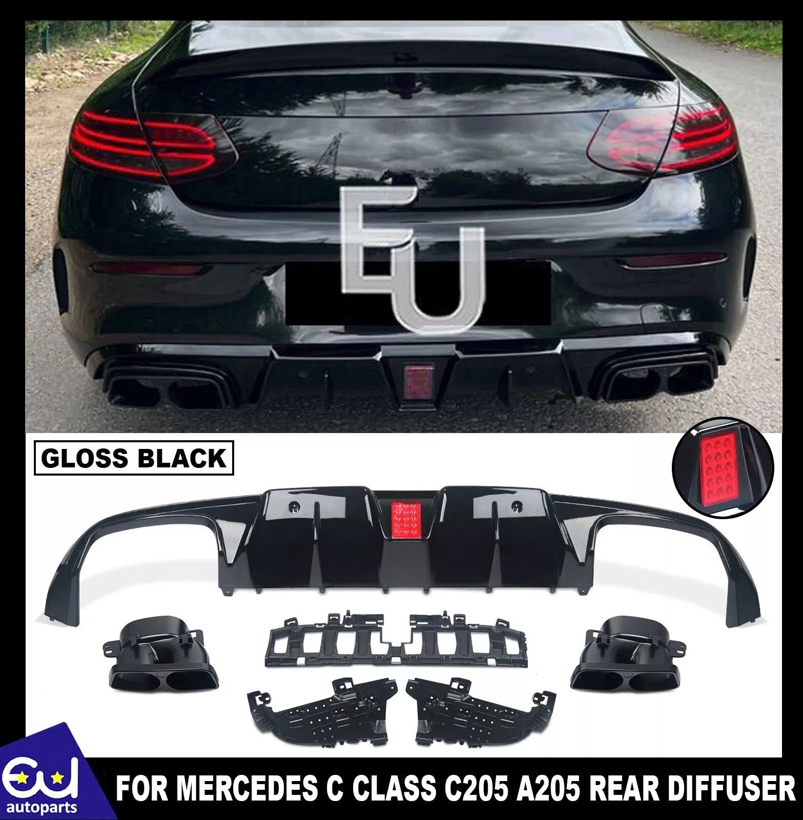 FOR MERCEDES C CLASS C205 A205 COUPE AMG C63 BB STYLE REAR DIFFUSER + TAIL PIPES