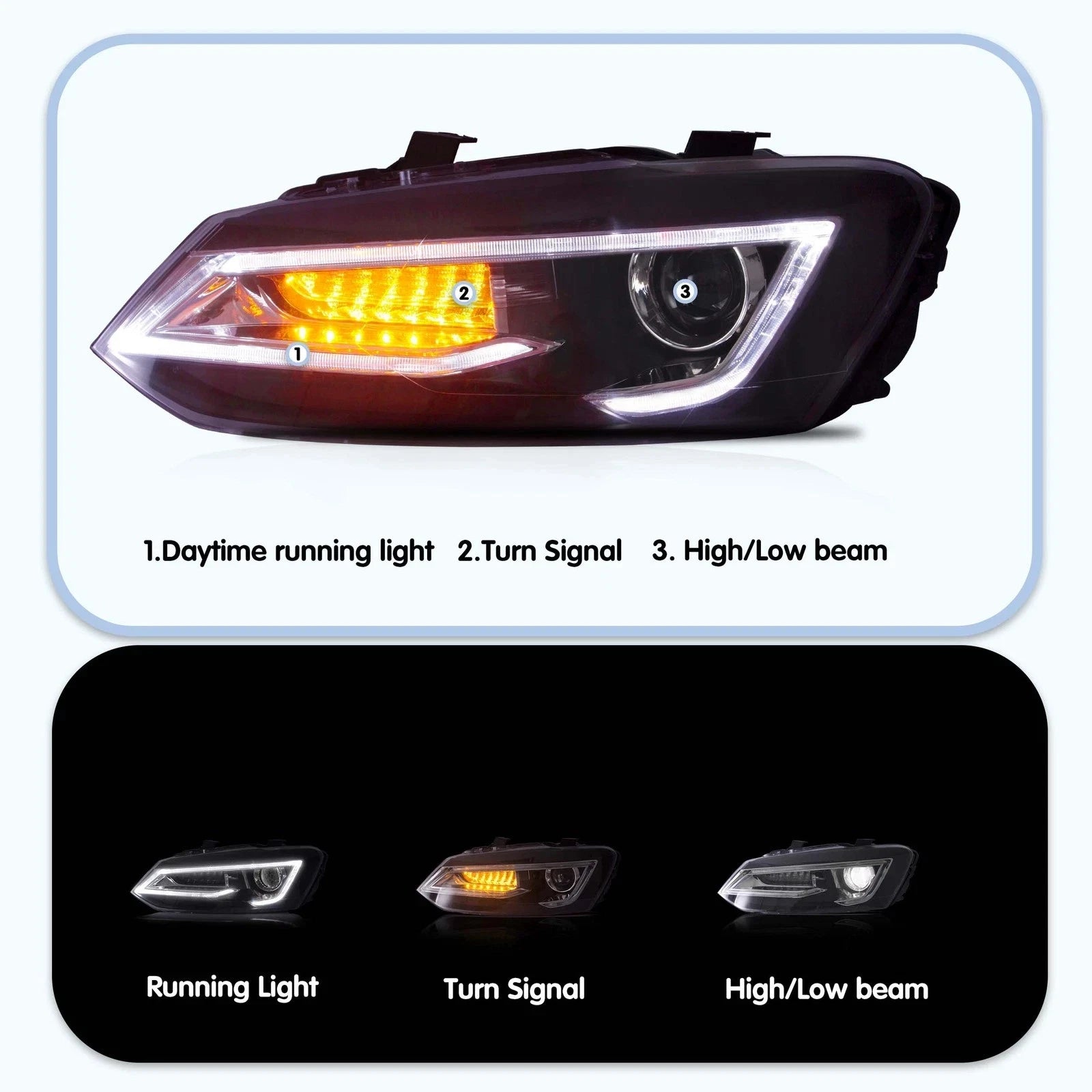 LED HEADLIGHT SMOKED REAR TAIL LIGHTS LAMP SET FOR VW POLO 11-17 WITH SEQUENTIAL
