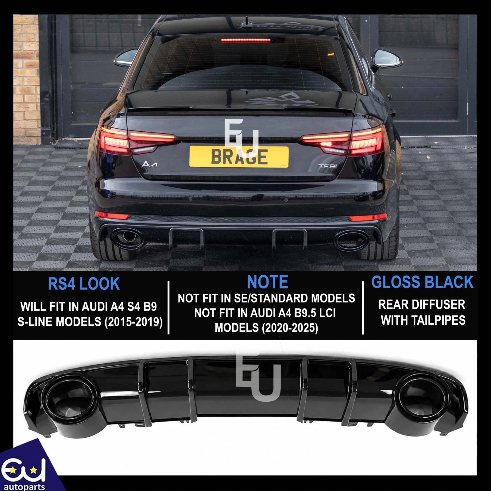 FOR AUDI A4 S4 B9 S-LINE RS4 LOOK REAR DIFFUSER W/TAILPIPE GLOSS BLACK 2015-2019