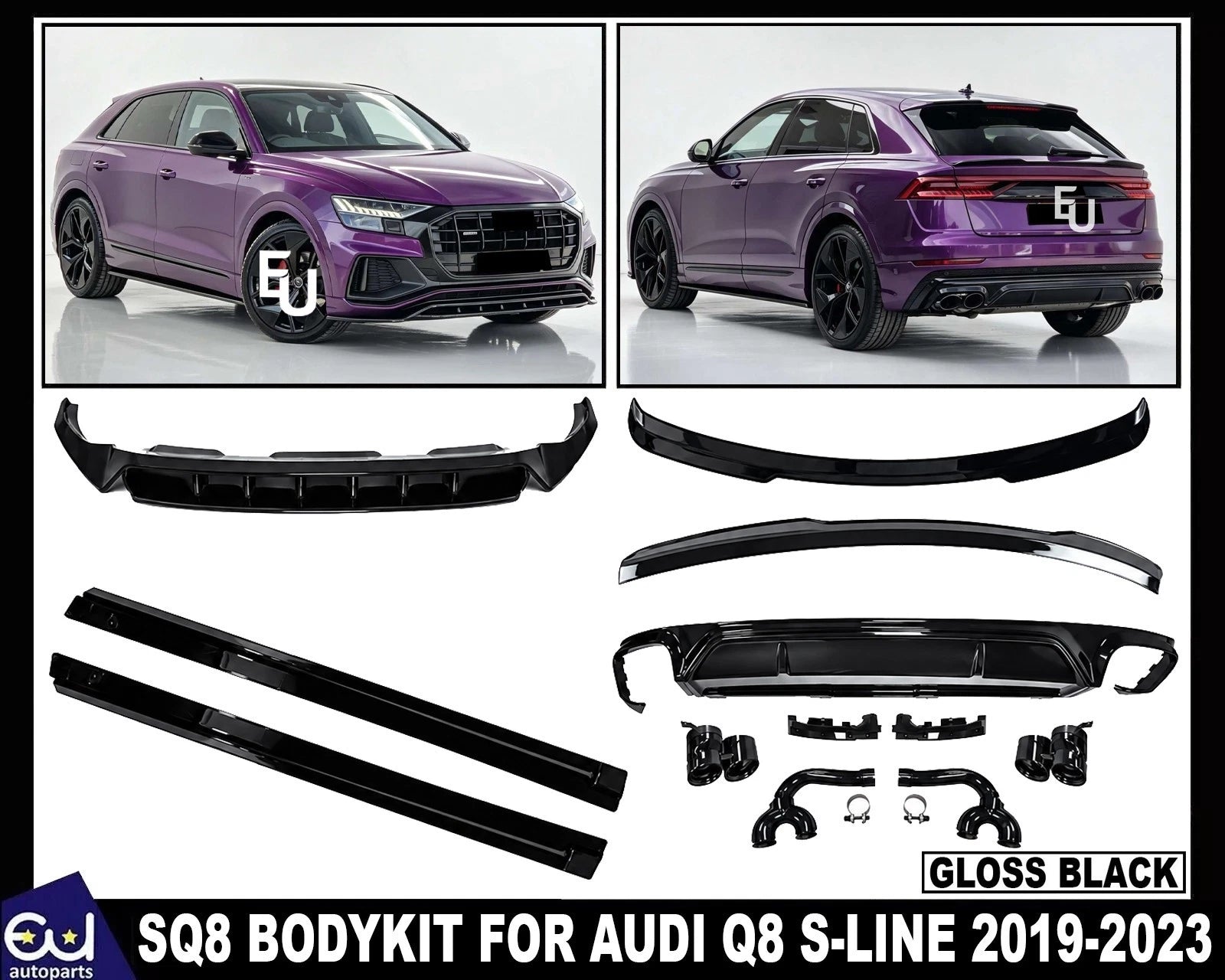 SQ8 CONVERSION BODYKIT FRONT SPLITTER REAR DIFFUSER FOR AUDI Q8 S-LINE 2019-2023