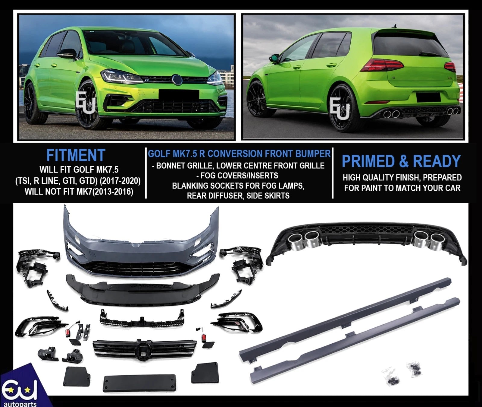FOR VW GOLF MK7.5 2017-2020 R CONVERSION FRONT REAR BUMPER BODYKIT SIDE SKIRT