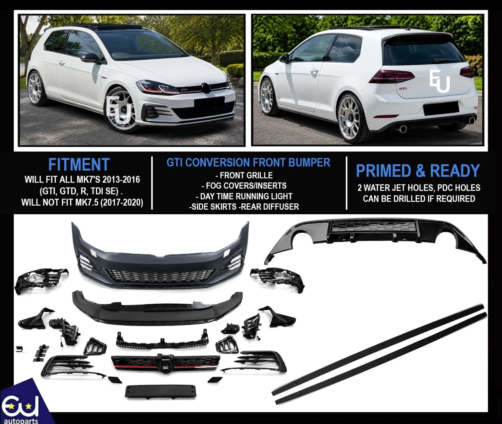 FOR VW GOLF MK7 2013-2016 MK7.5 GTI STYLE FRONT BUMPER SIDE SKIRTS REAR DIFFUSER