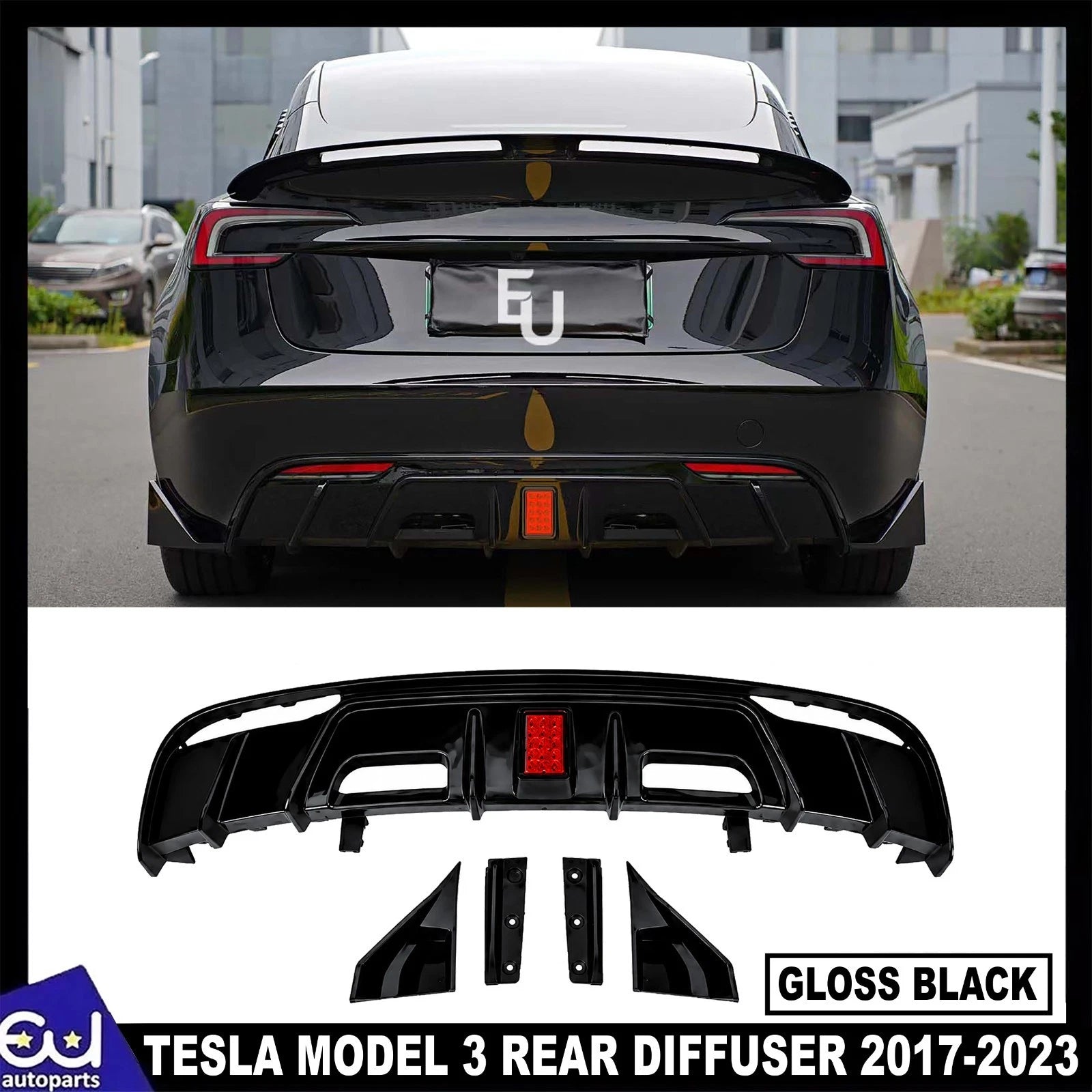 BRAGE DESIGN REAR BUMPER DIFFUSER WITH LED FOR TESLA MODEL 3 GLOSS BLK 2017-2023